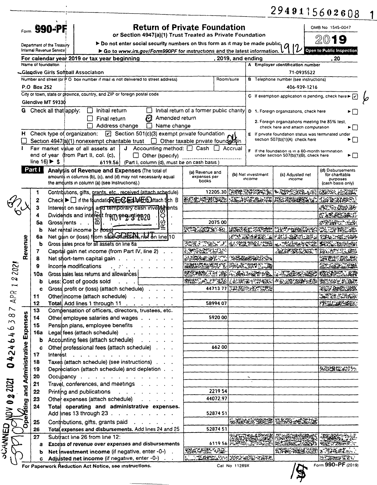 Image of first page of 2019 Form 990PF for Glendive Girls Softball Association