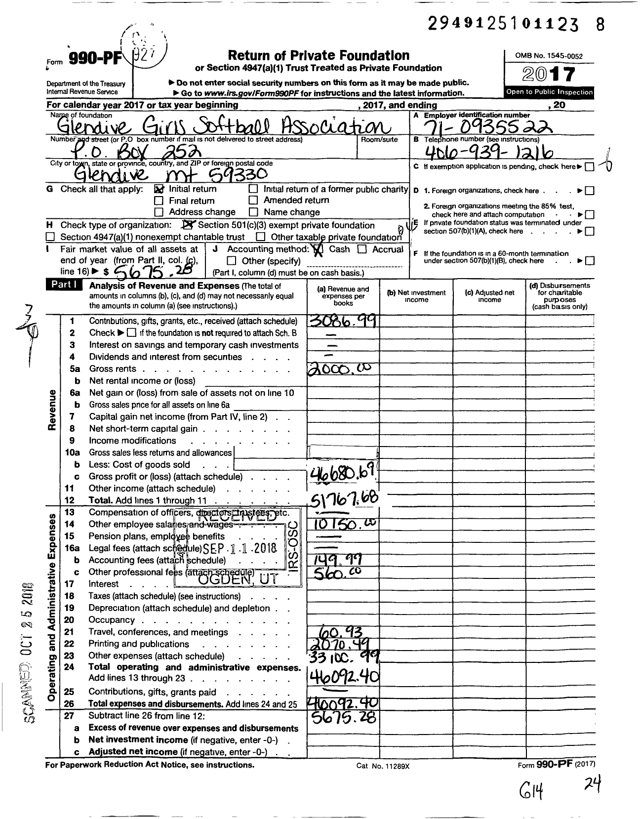 Image of first page of 2017 Form 990PF for Glendive Girls Softball Association