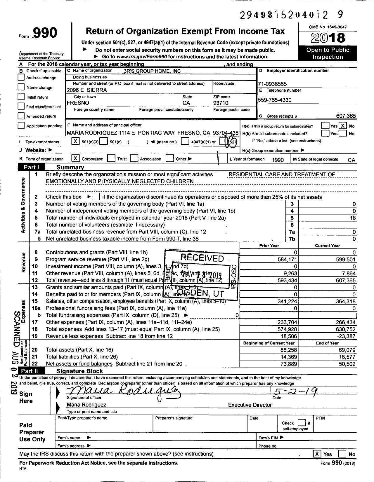 Image of first page of 2018 Form 990 for 3rs Group Home