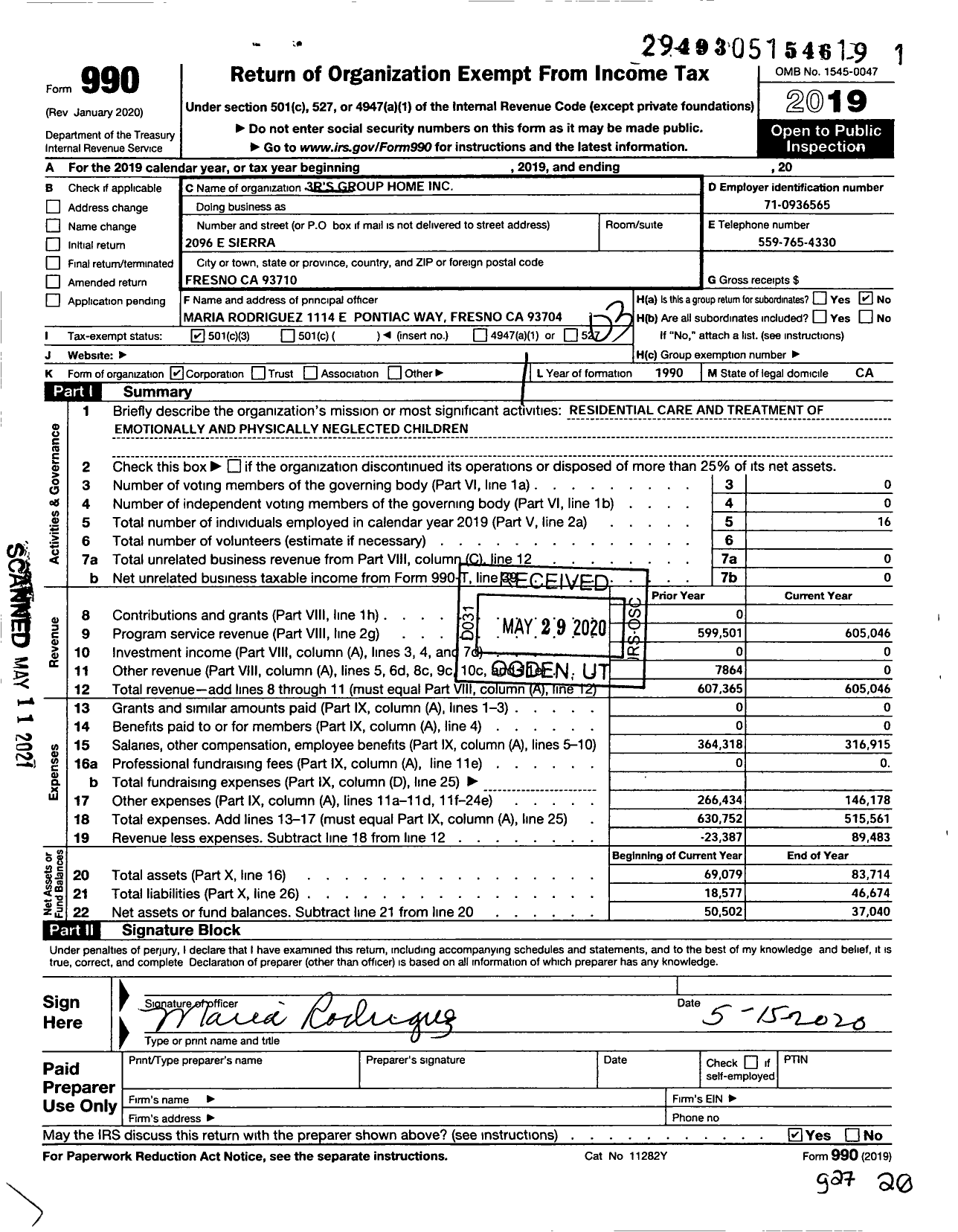 Image of first page of 2019 Form 990 for 3rs Group Home