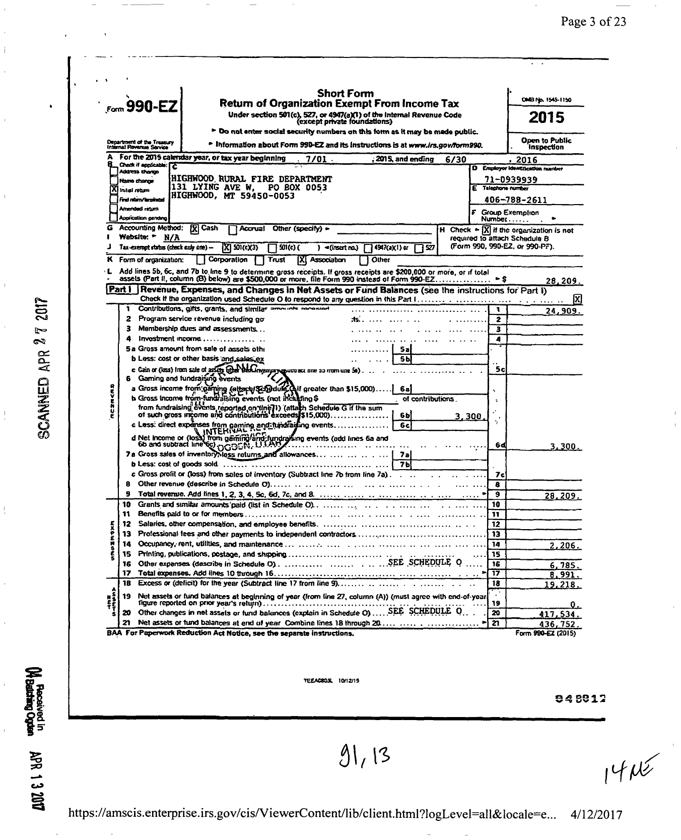 Image of first page of 2015 Form 990EZ for Highwood Rural Fire Department