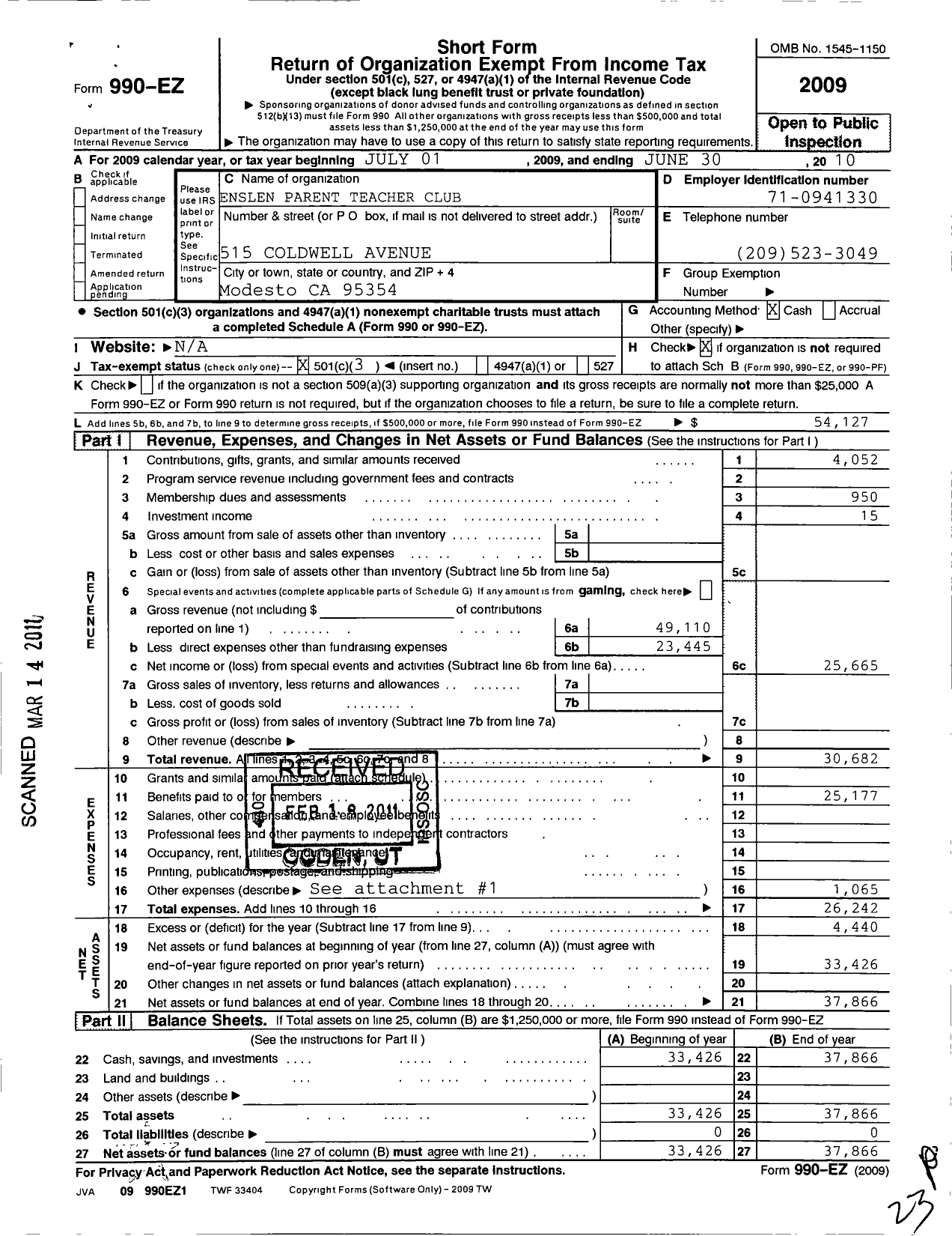 Image of first page of 2009 Form 990EZ for Enslen Parent Teacher Club