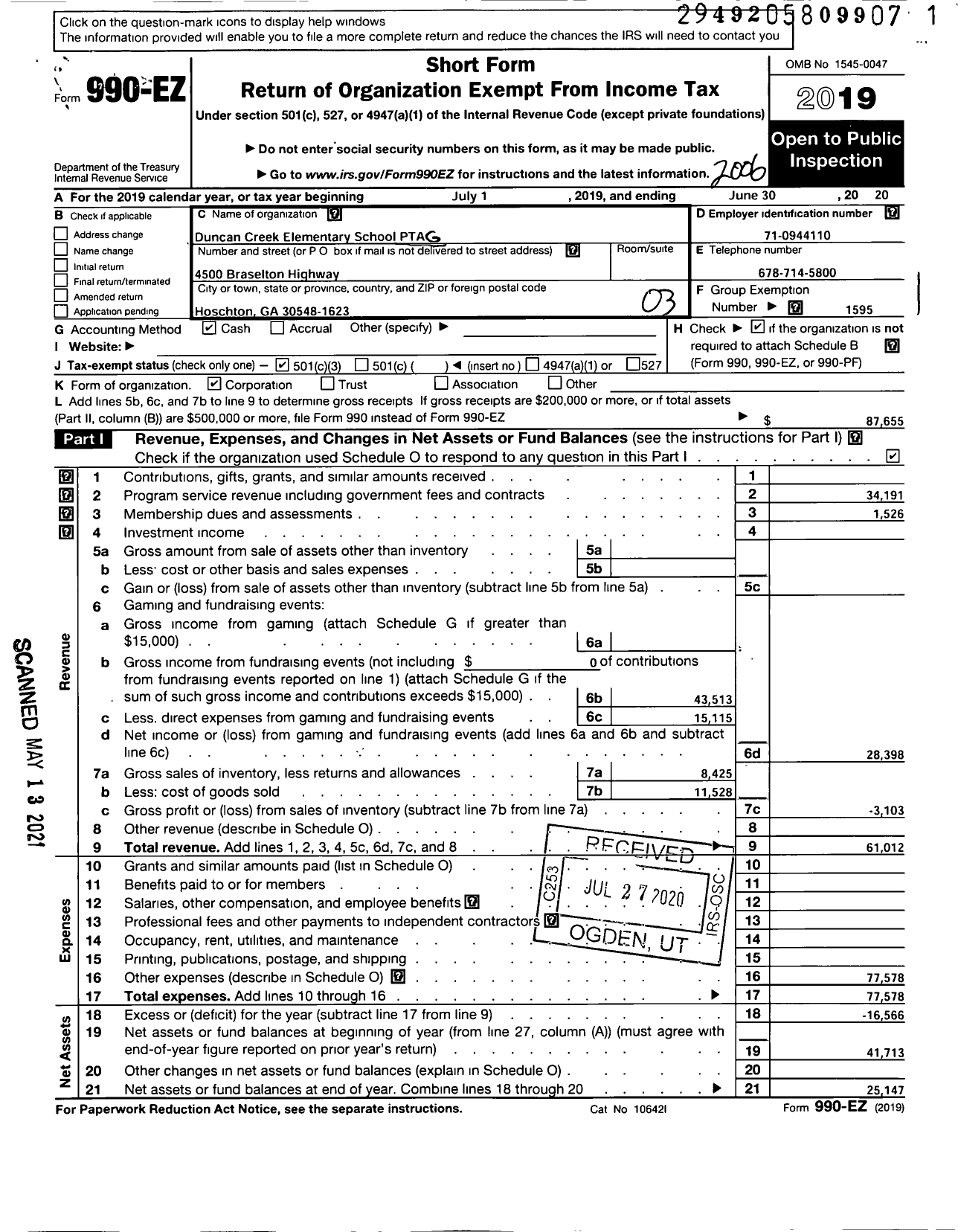 Image of first page of 2019 Form 990EZ for GEORGIA PTA - Duncan Creek Elementary PTA