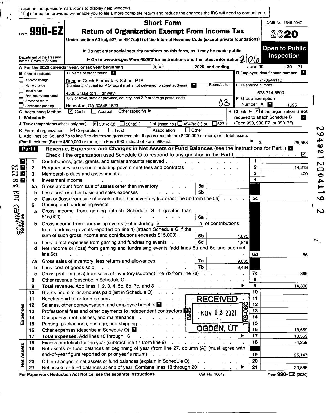 Image of first page of 2020 Form 990EZ for GEORGIA PTA - Duncan Creek Elementary PTA