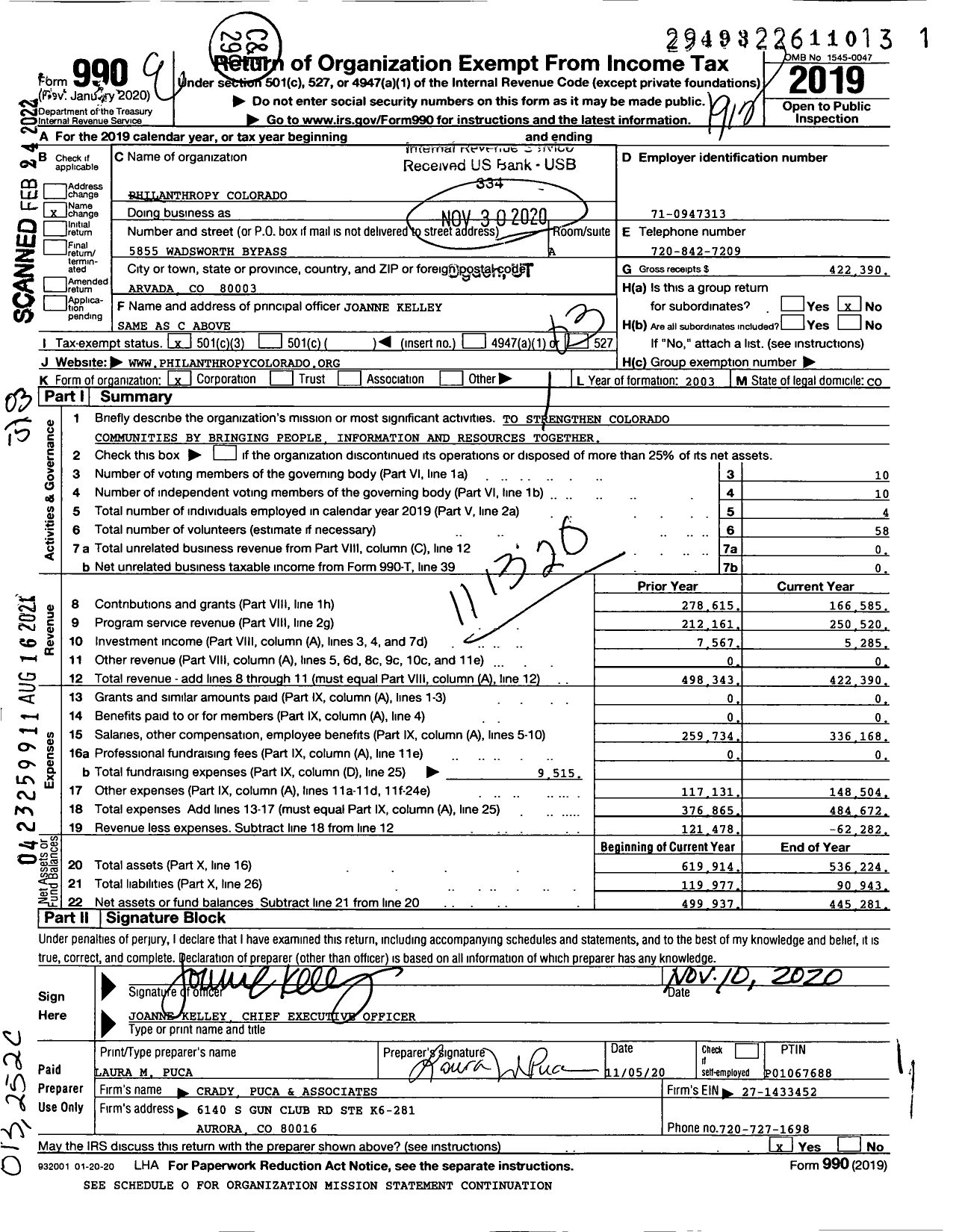 Image of first page of 2019 Form 990 for Philanthropy Colorado