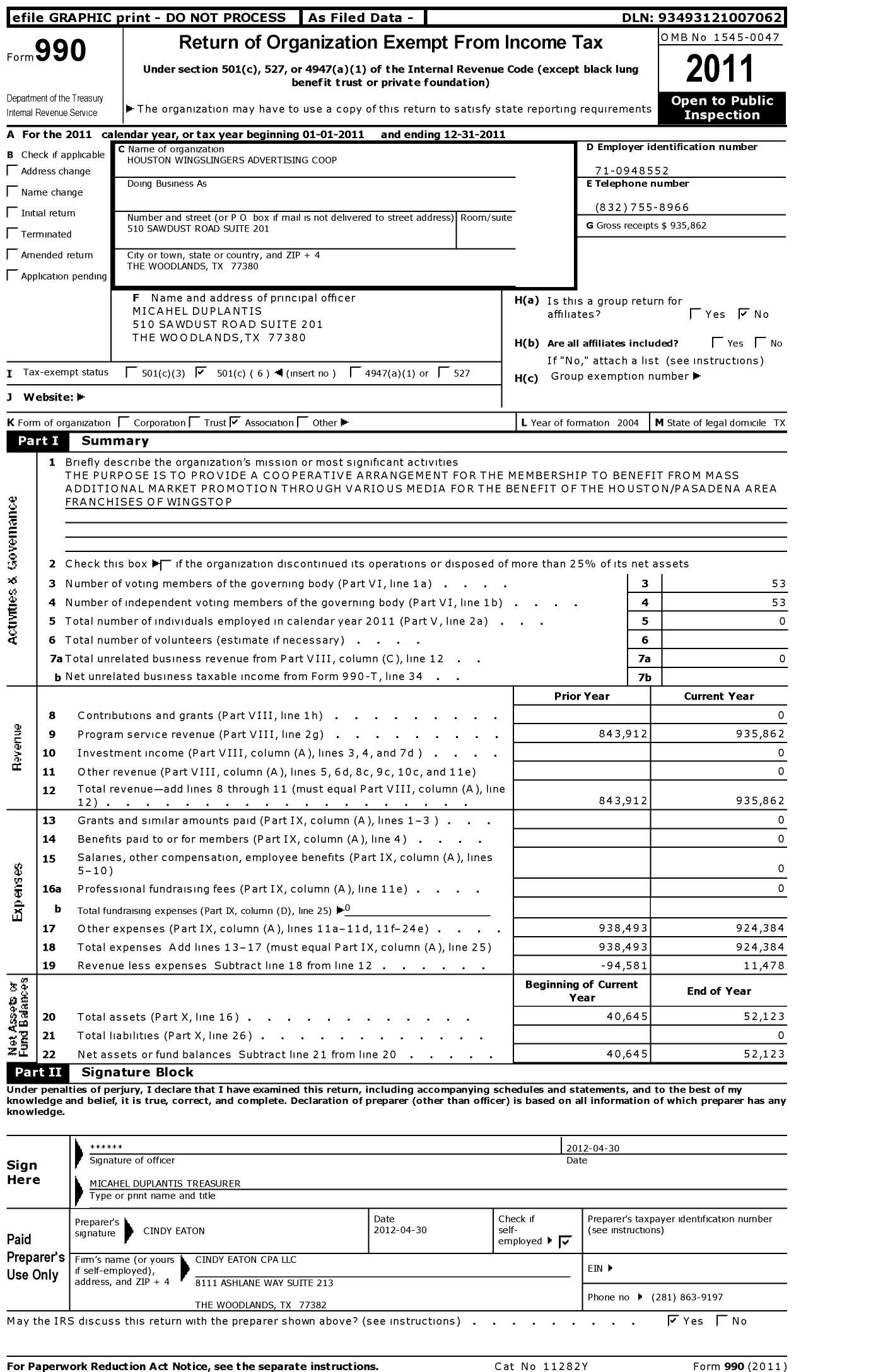 Image of first page of 2011 Form 990O for Houston Wingslingers Advertising Coop