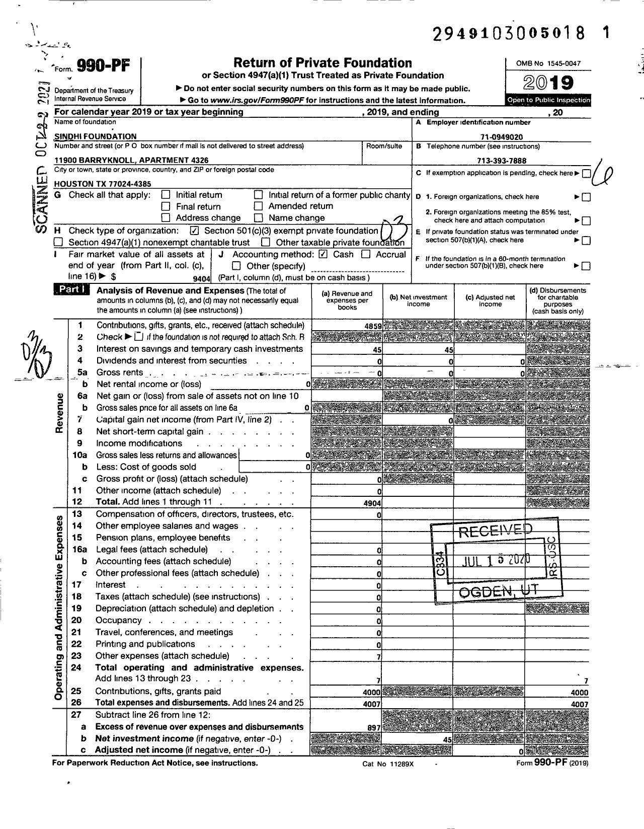 Image of first page of 2019 Form 990PF for Sindhi Foundation