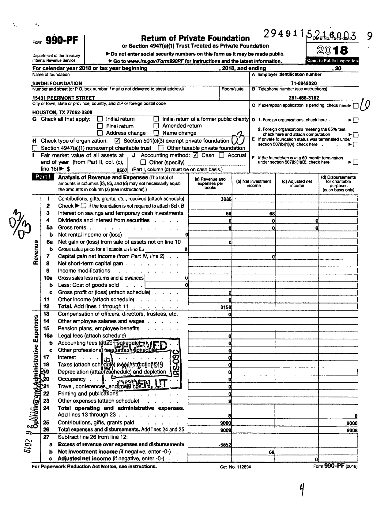 Image of first page of 2018 Form 990PF for Sindhi Foundation