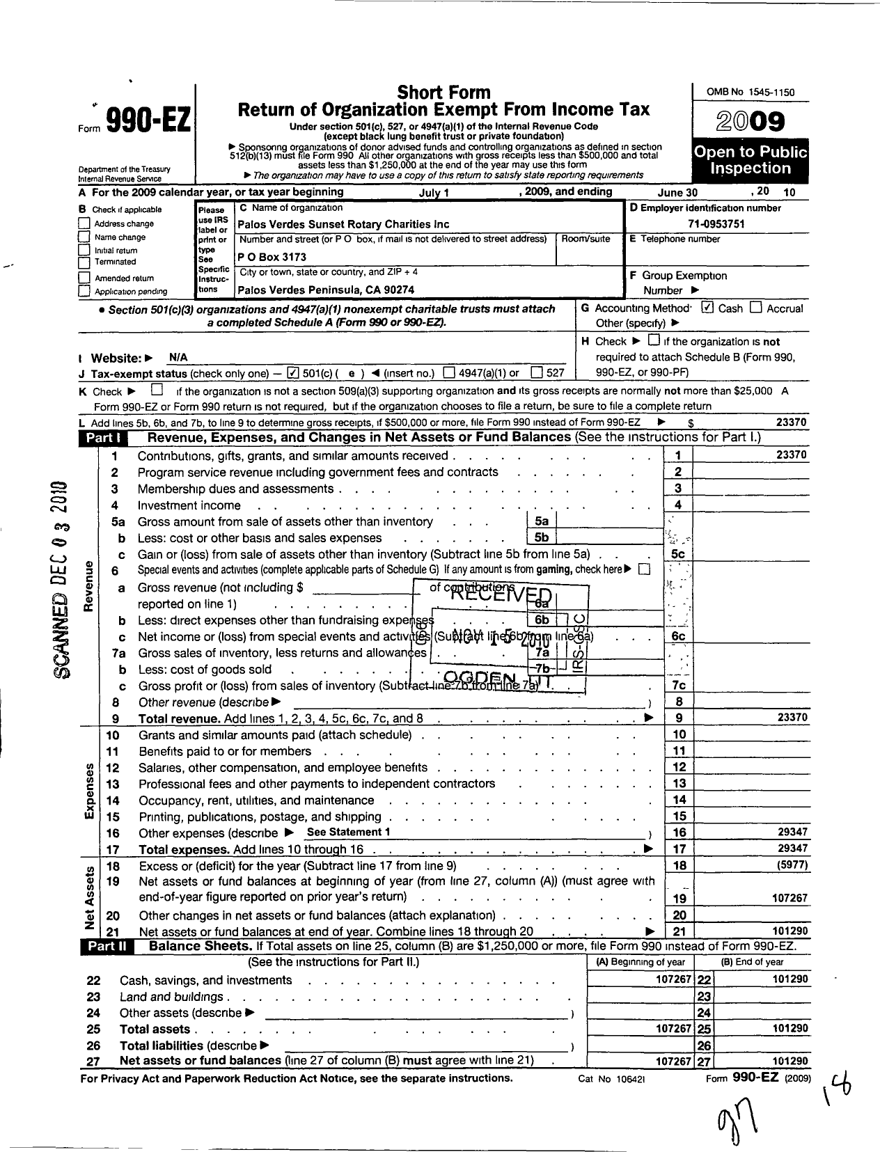 Image of first page of 2009 Form 990EO for Palos Verdes Sunset Rotary Charities