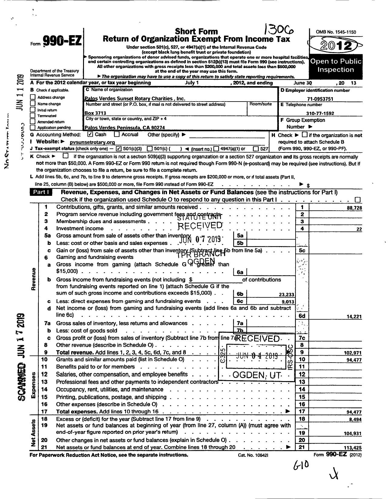 Image of first page of 2012 Form 990EA for Palos Verdes Sunset Rotary Charities