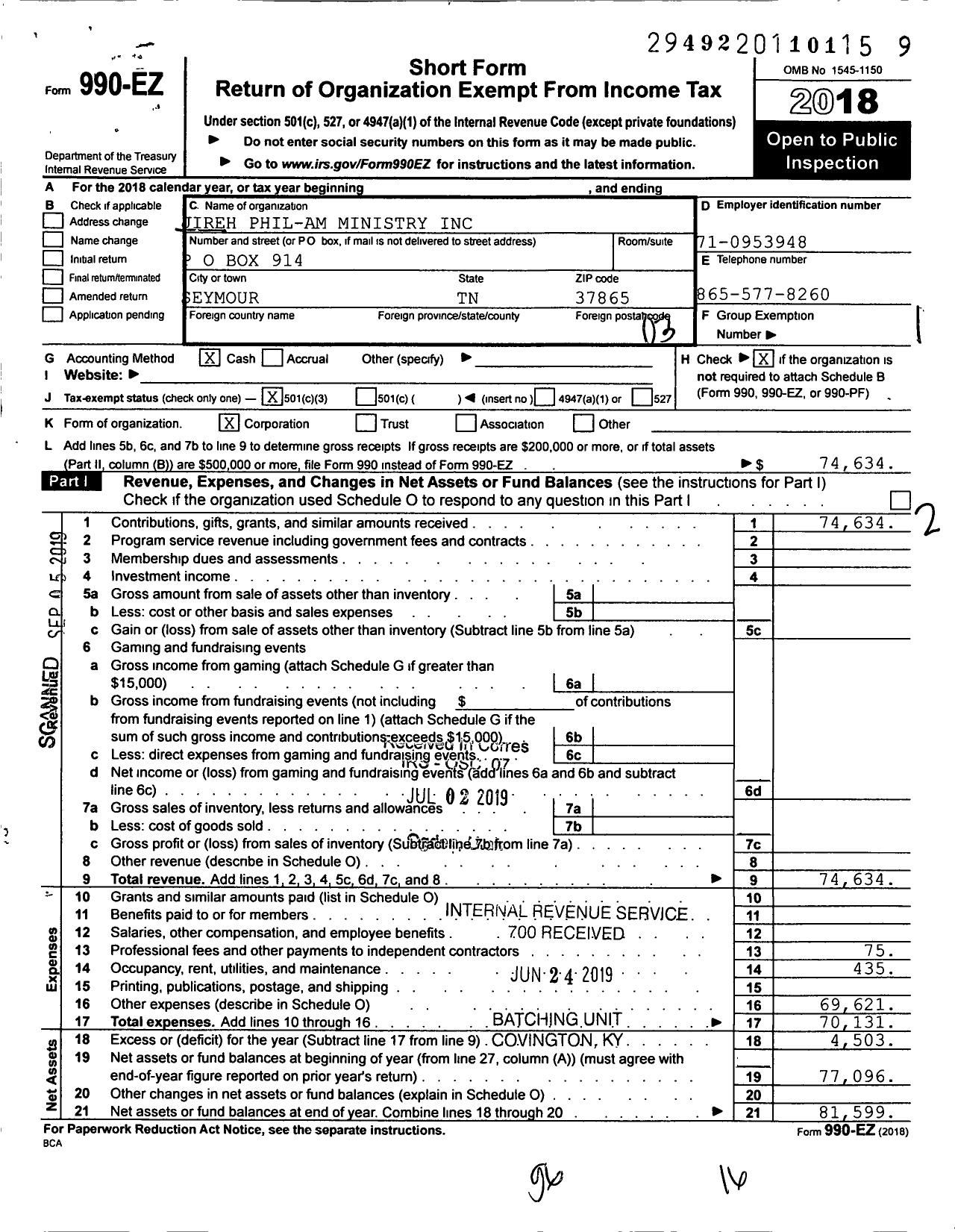 Image of first page of 2018 Form 990EZ for Jireh PHIL-AM Ministry