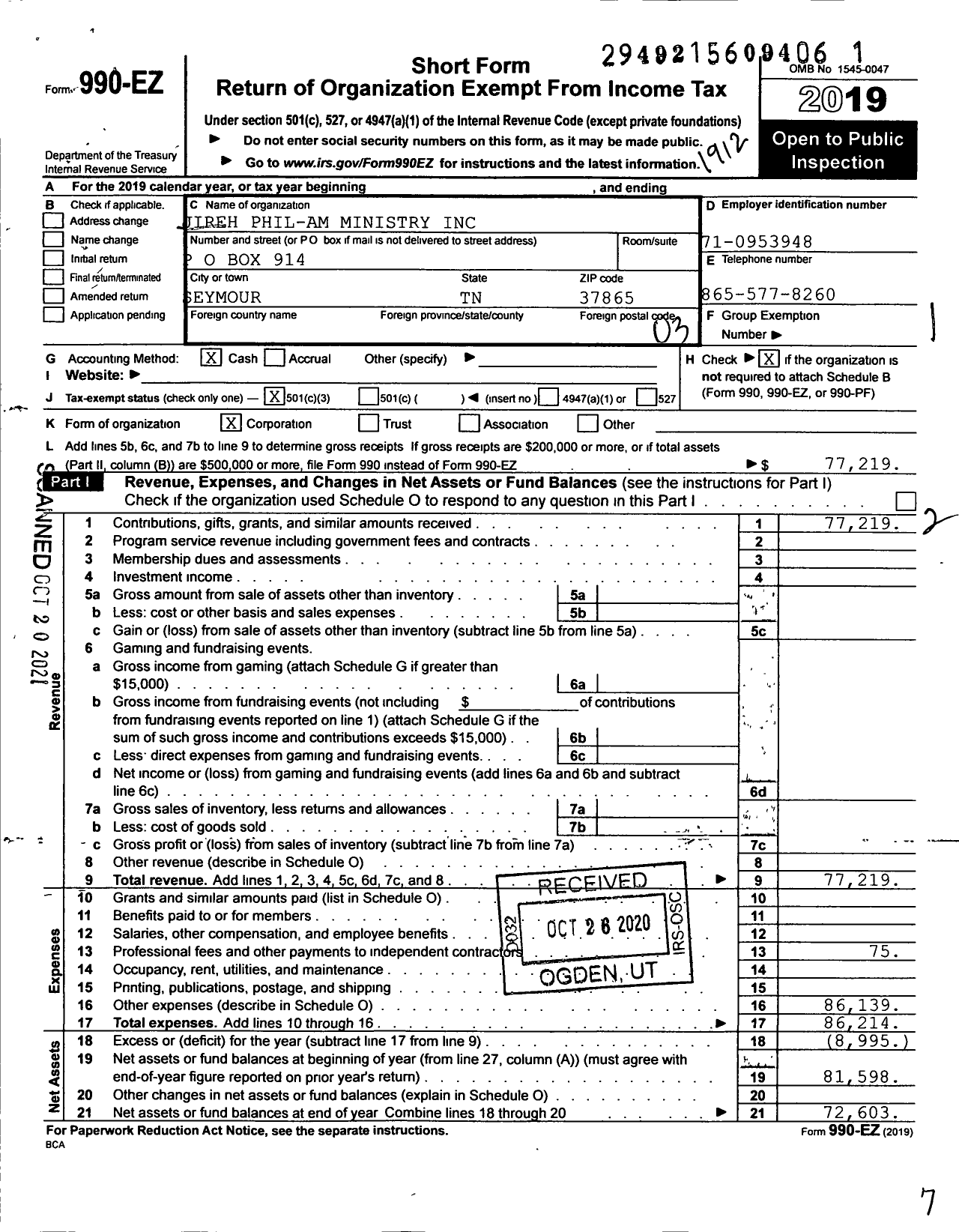 Image of first page of 2019 Form 990EZ for Jireh PHIL-AM Ministry