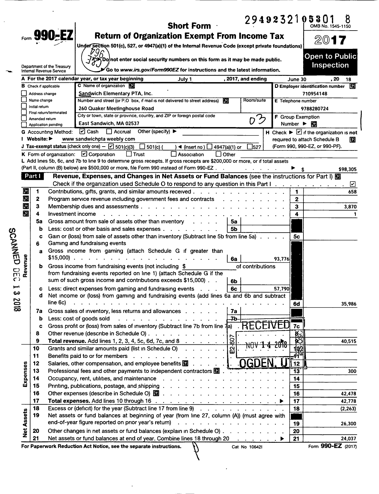 Image of first page of 2017 Form 990EZ for Sandwich Elementary PTA