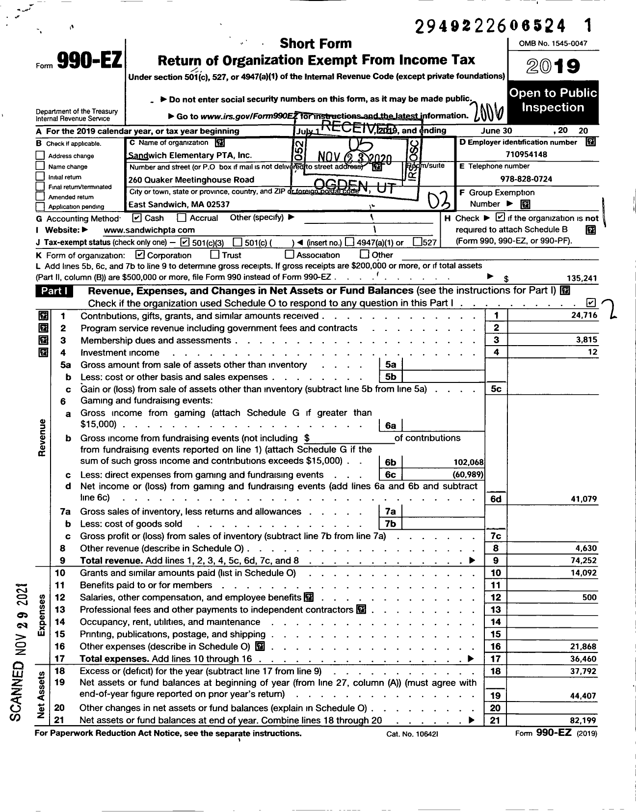 Image of first page of 2019 Form 990EZ for Sandwich Elementary PTA
