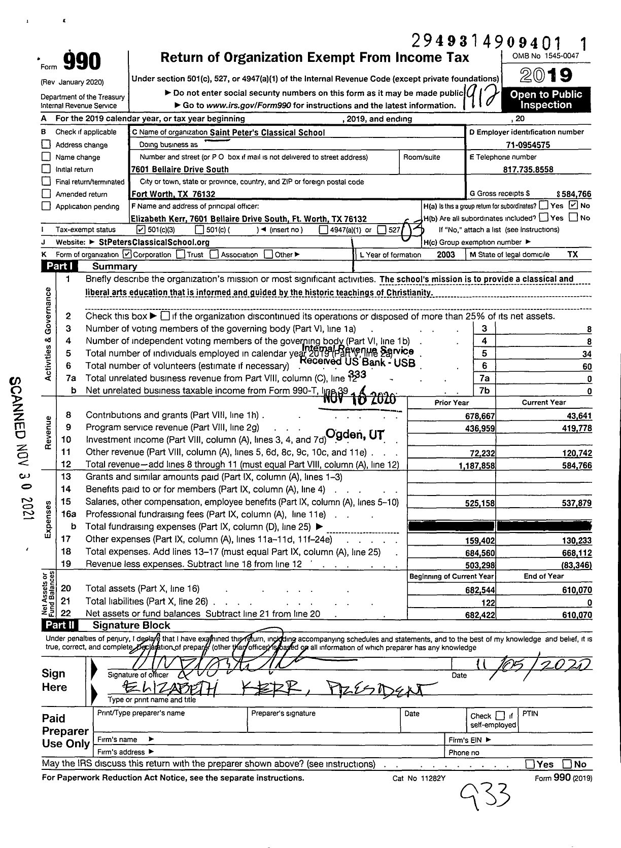 Image of first page of 2019 Form 990 for Saint Peters Classical School