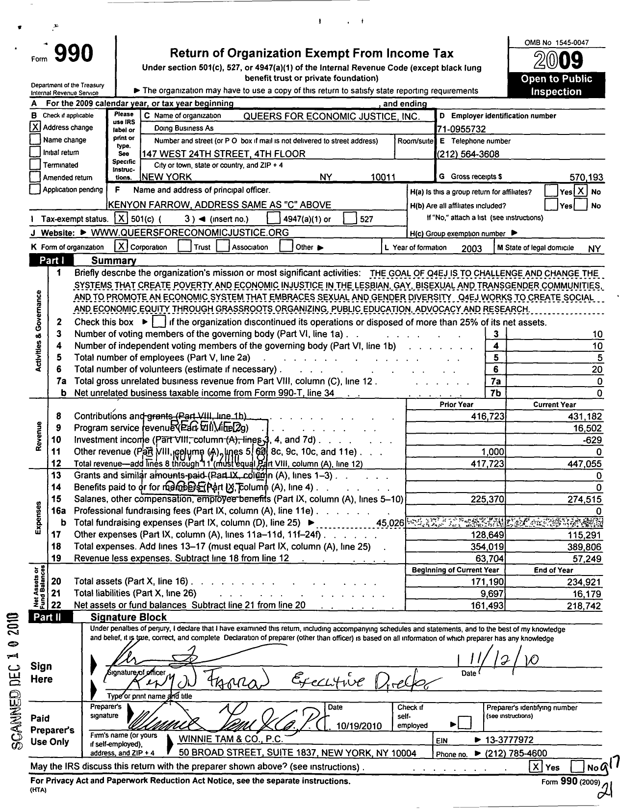 Image of first page of 2009 Form 990 for Queers for Economic Justice