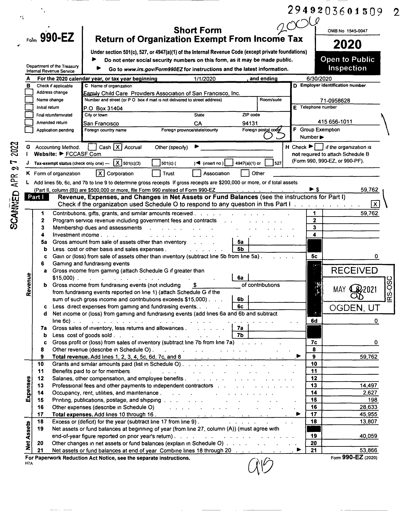 Image of first page of 2019 Form 990EZ for Family Child Care Providers Association of San Francisco