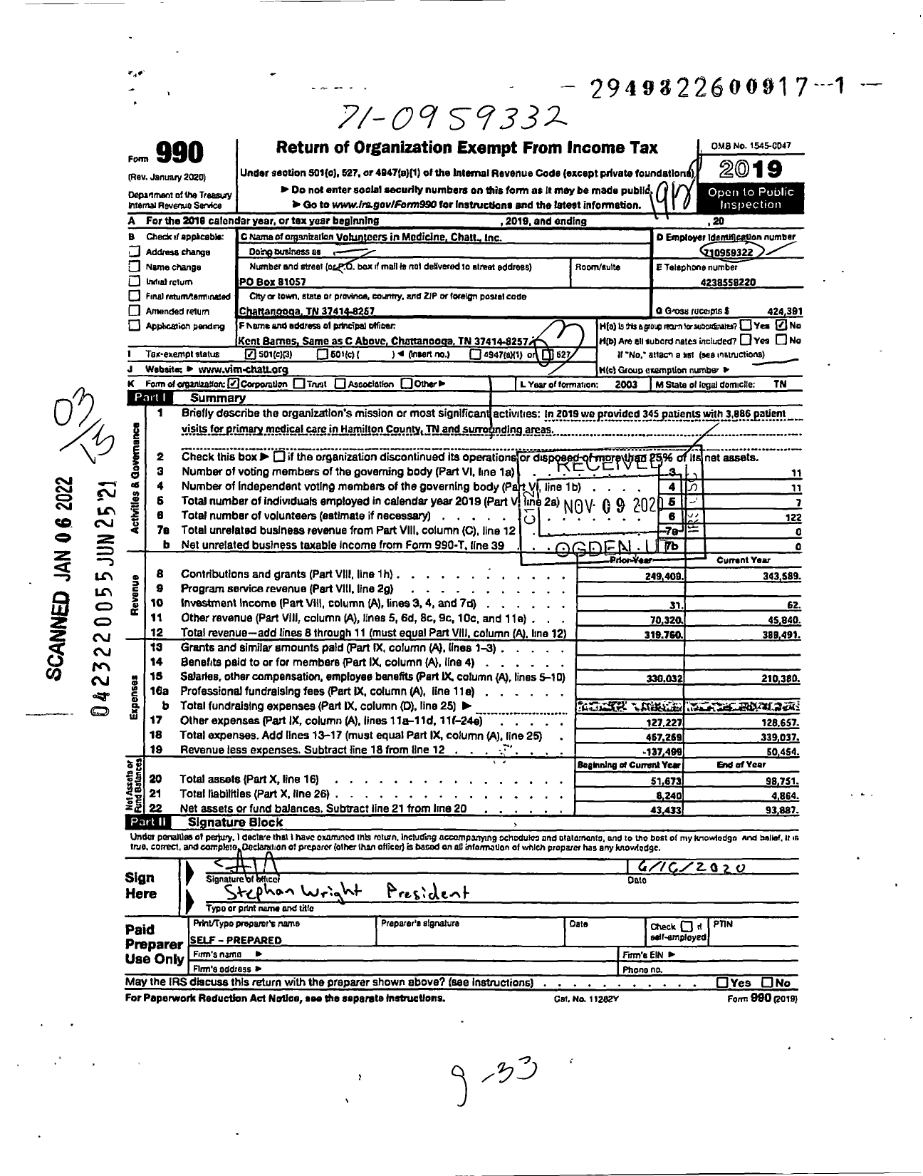 Image of first page of 2019 Form 990 for Volunteers in Medicine Chattanooga