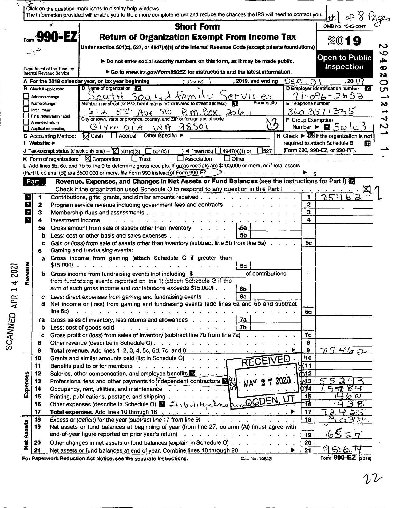 Image of first page of 2019 Form 990EZ for South Sound Family Services