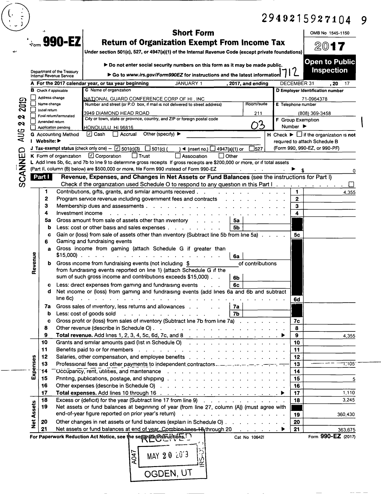 Image of first page of 2017 Form 990EZ for National Guard Conference Corporation Ofhawaii