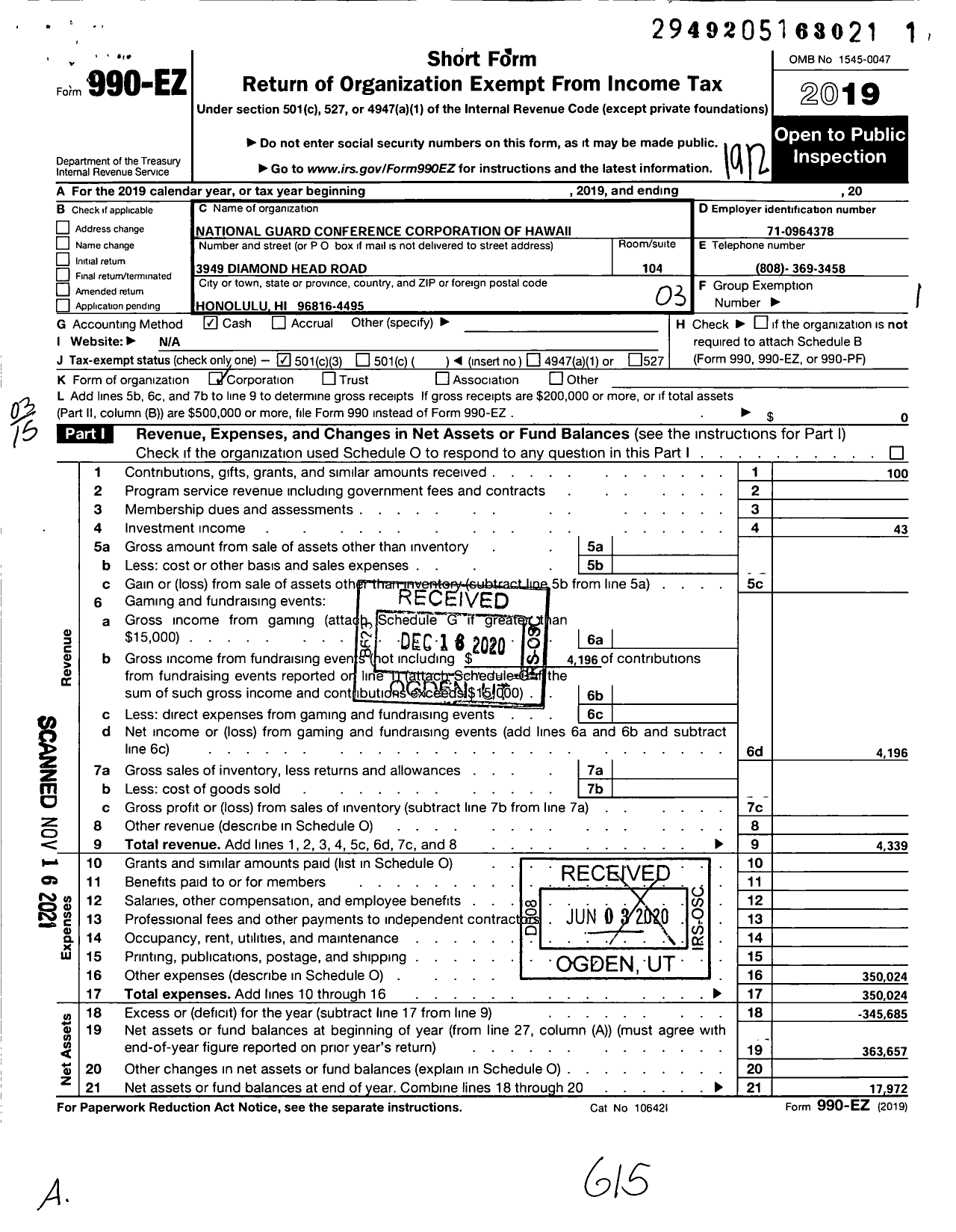 Image of first page of 2019 Form 990EZ for National Guard Conference Corporation Ofhawaii