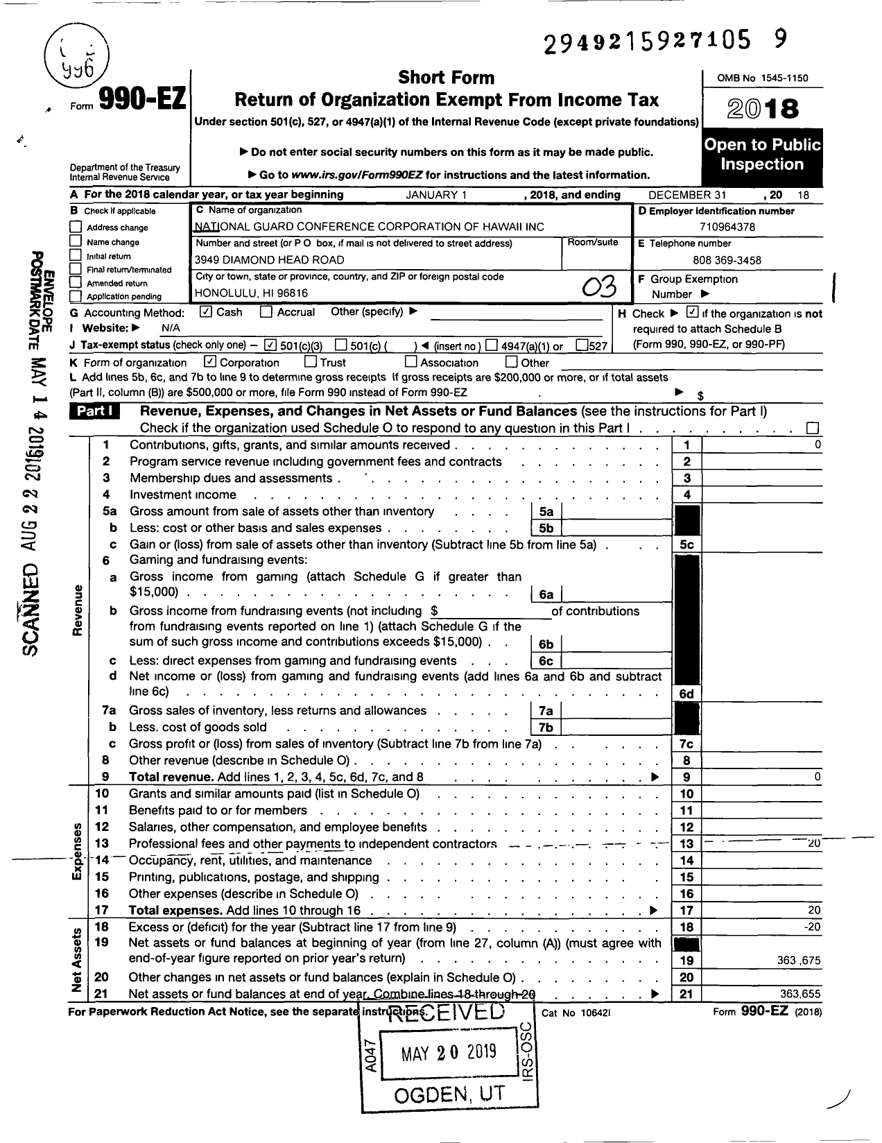 Image of first page of 2018 Form 990EZ for National Guard Conference Corporation Ofhawaii