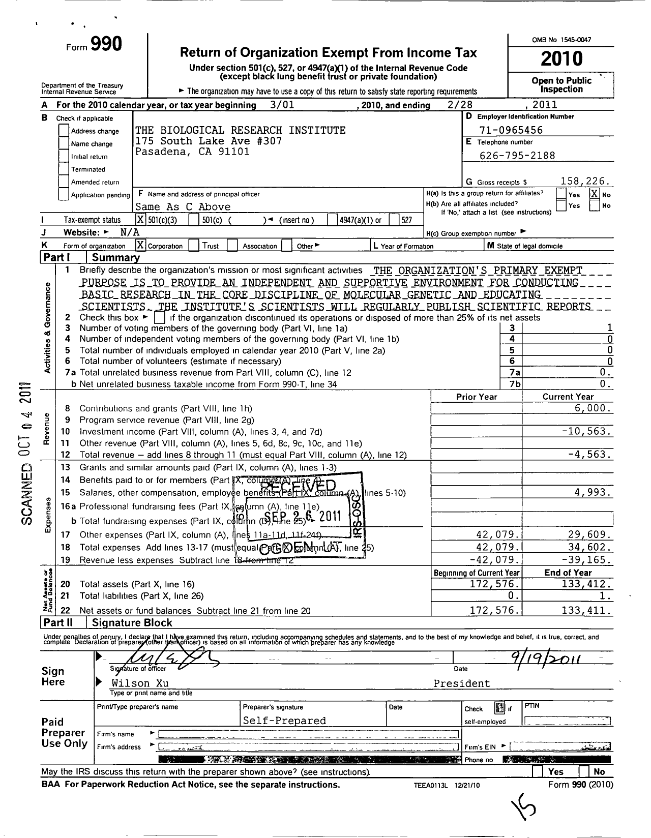 Image of first page of 2010 Form 990 for Biological Research Institute