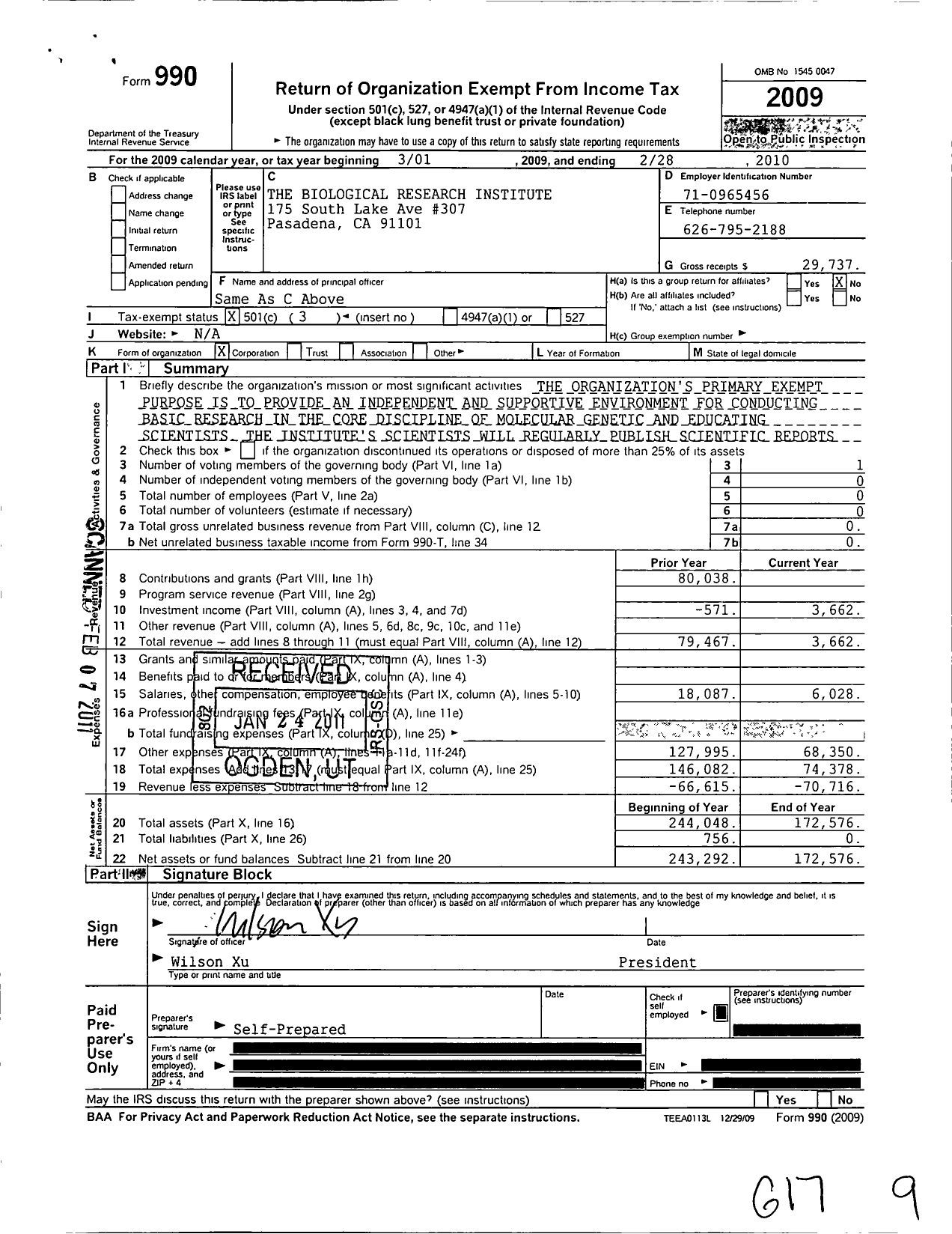 Image of first page of 2009 Form 990 for Biological Research Institute