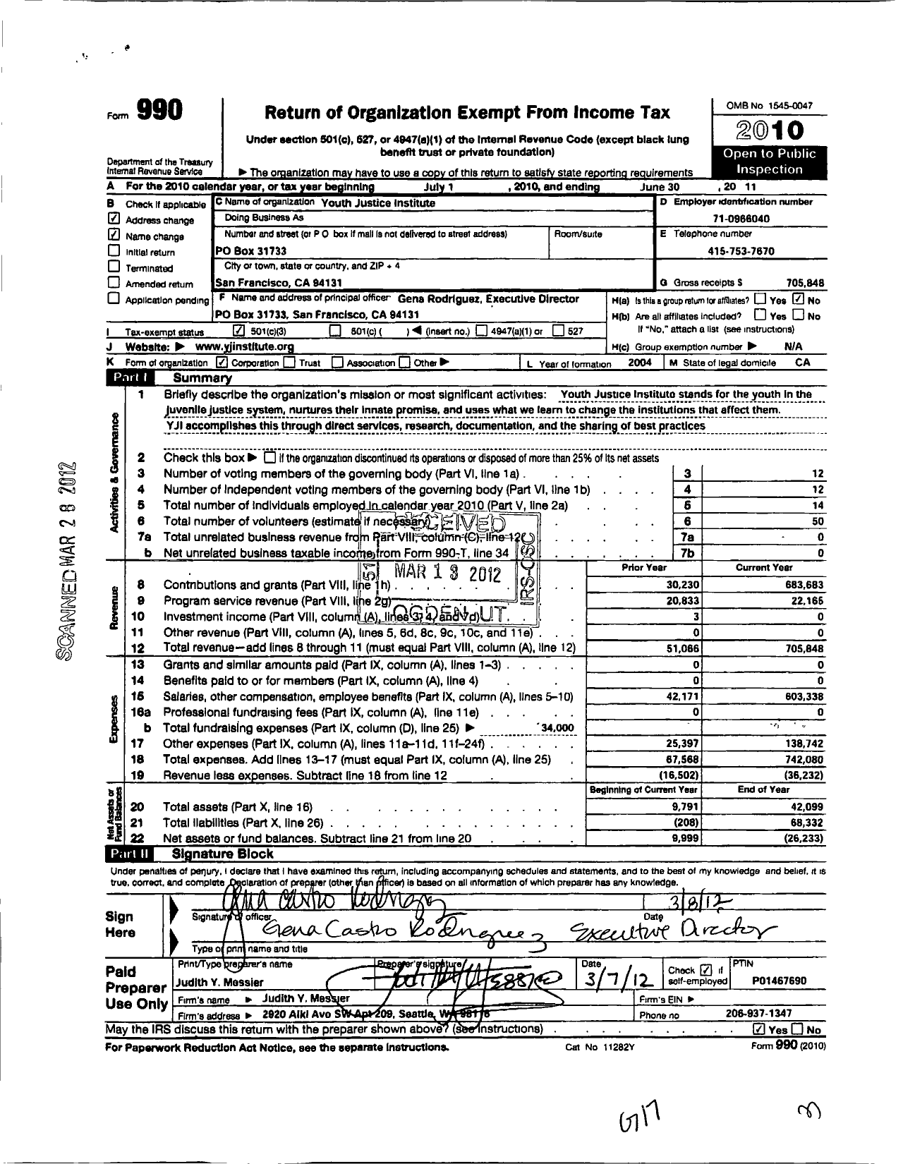 Image of first page of 2010 Form 990 for Youth Justice Institute