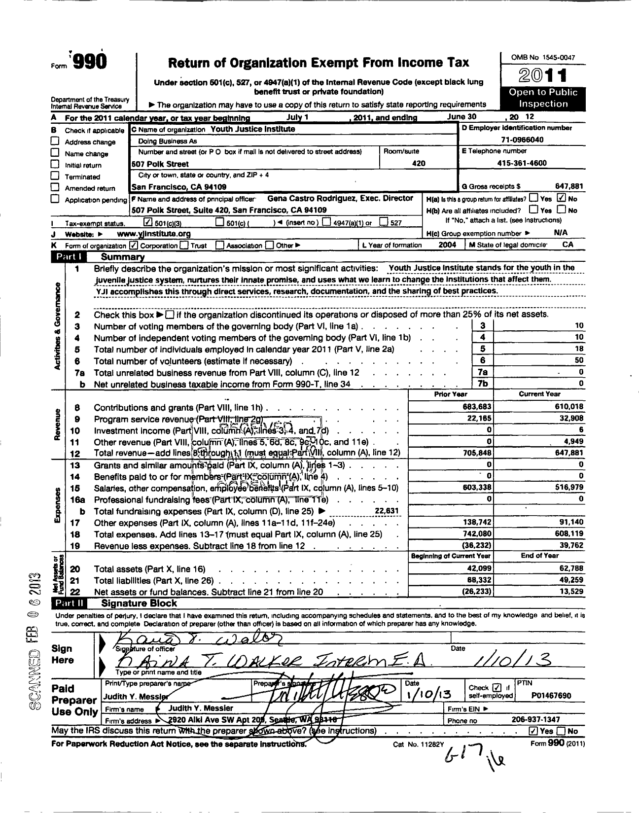 Image of first page of 2011 Form 990 for Youth Justice Institute