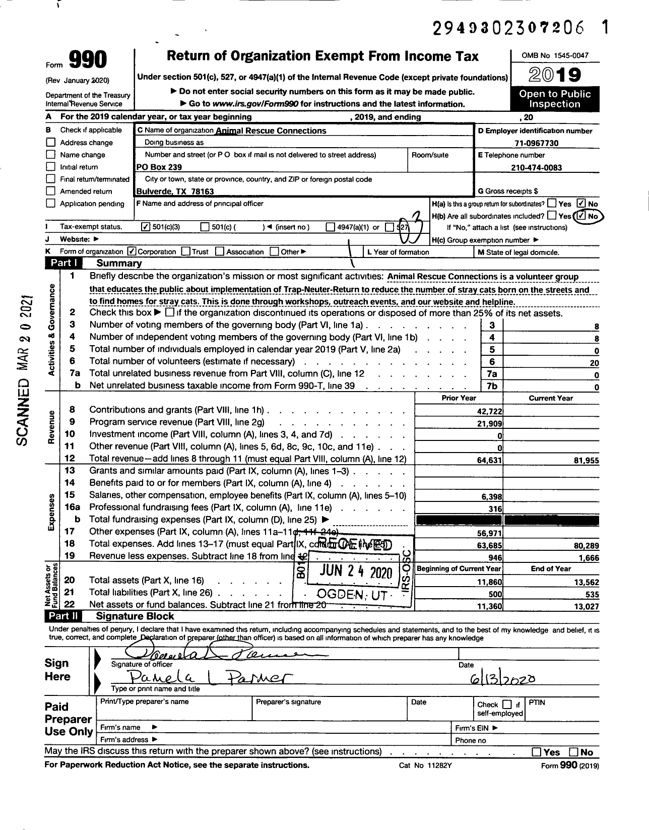 Image of first page of 2019 Form 990 for Animal Rescue Connections