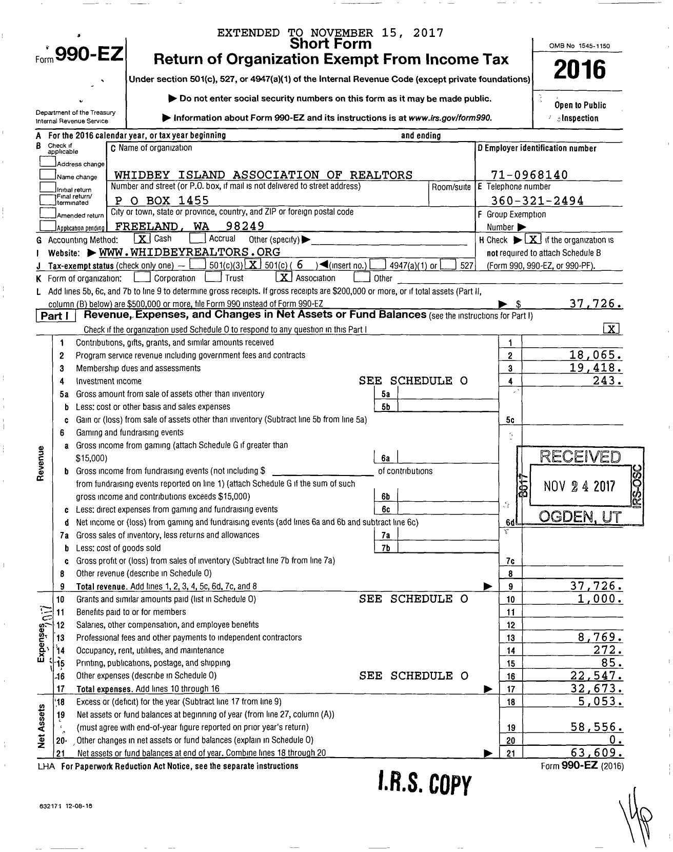 Image of first page of 2016 Form 990EO for Whidbey Island Association of Realtors