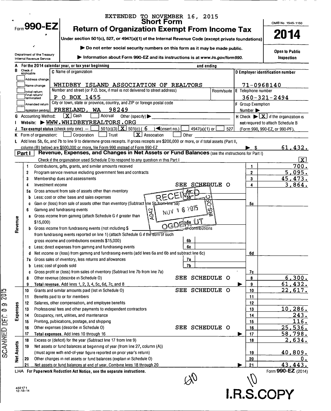 Image of first page of 2014 Form 990EO for Whidbey Island Association of Realtors