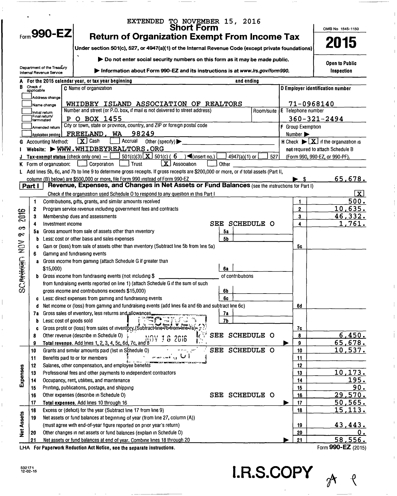 Image of first page of 2015 Form 990EO for Whidbey Island Association of Realtors