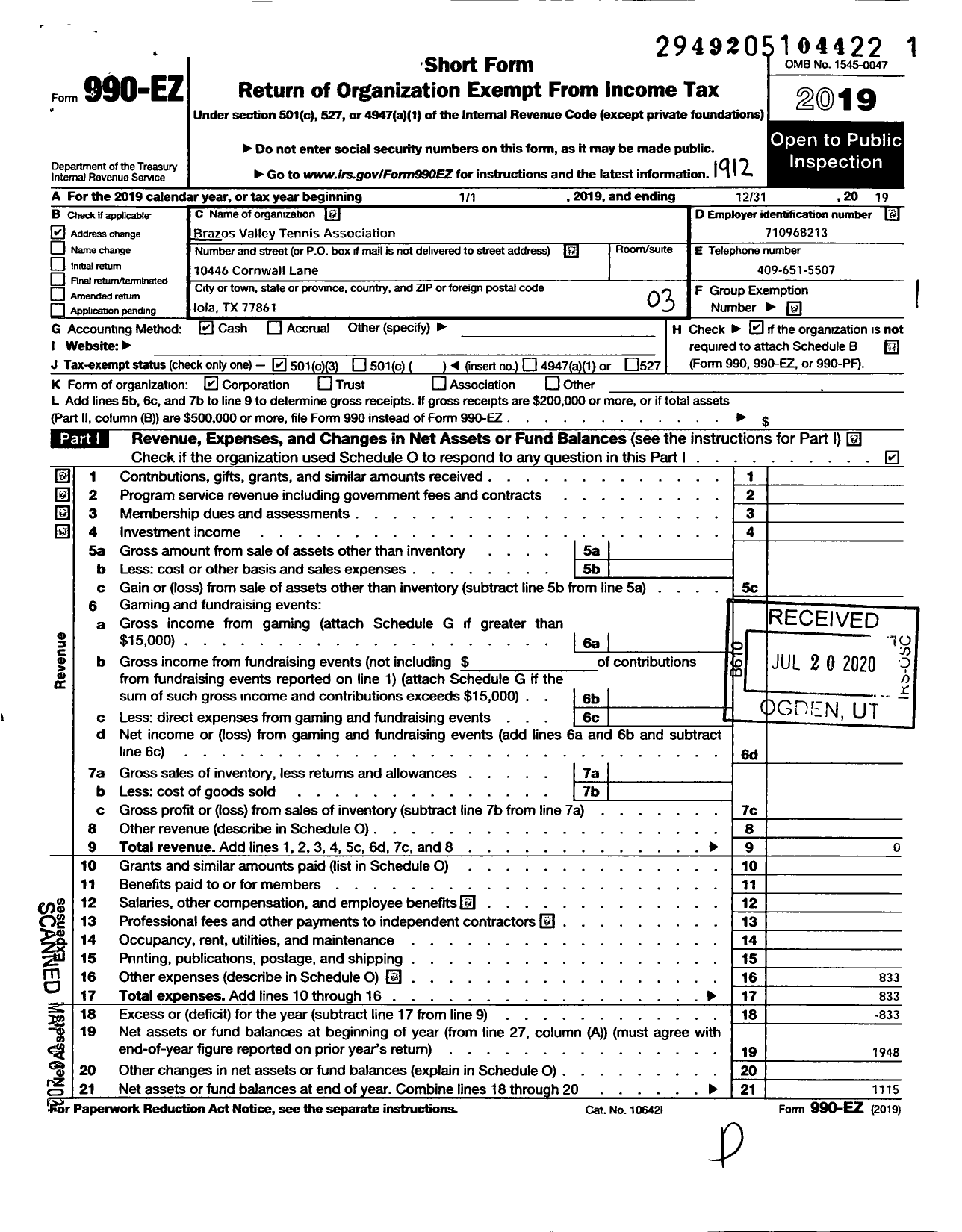 Image of first page of 2019 Form 990EZ for Brazos Valley Tennis Association