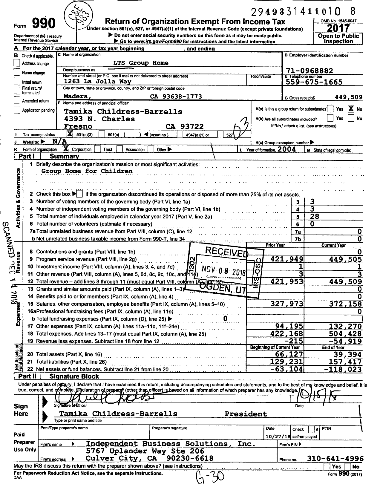 Image of first page of 2017 Form 990 for LTS Group Home