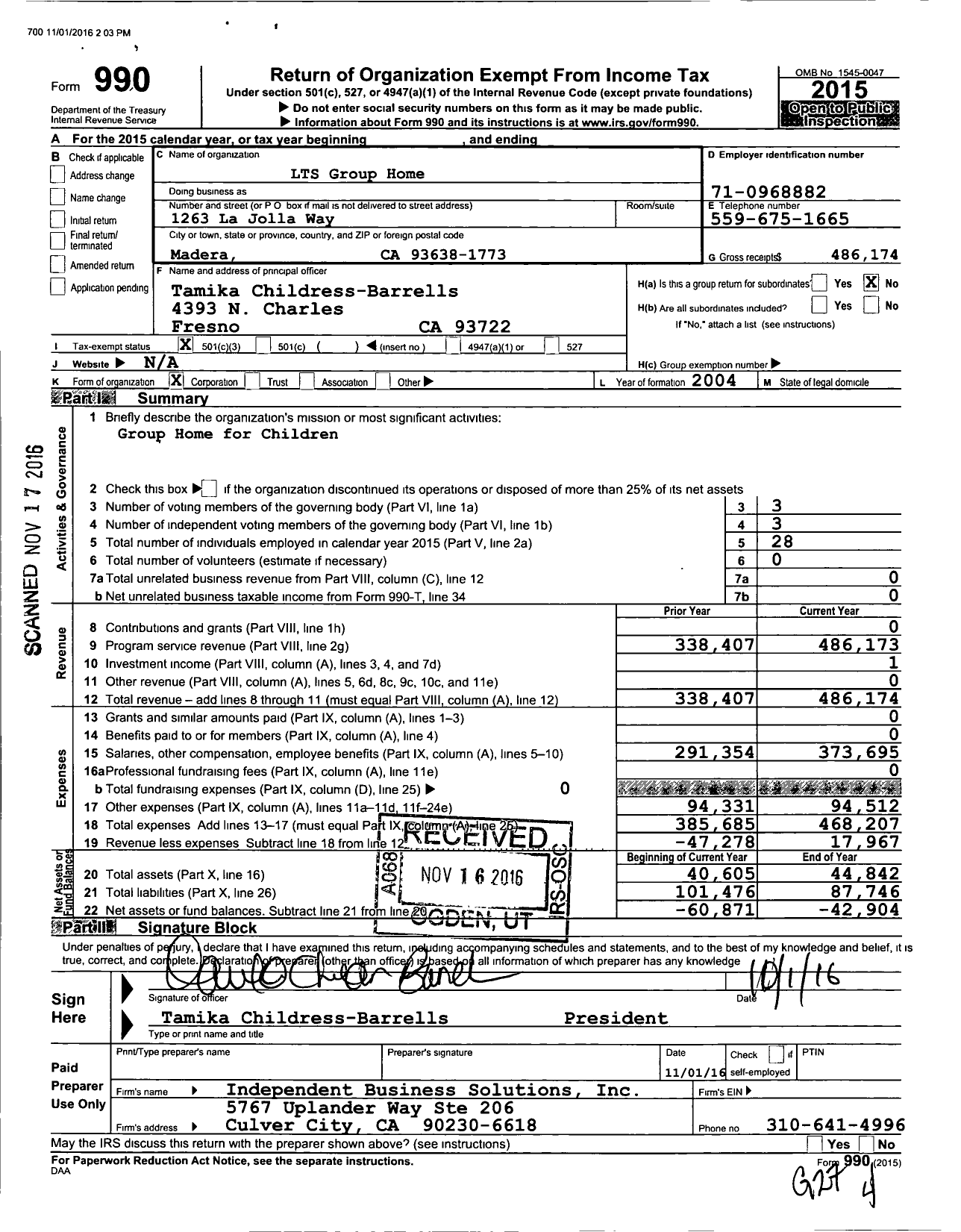 Image of first page of 2015 Form 990 for LTS Group Home