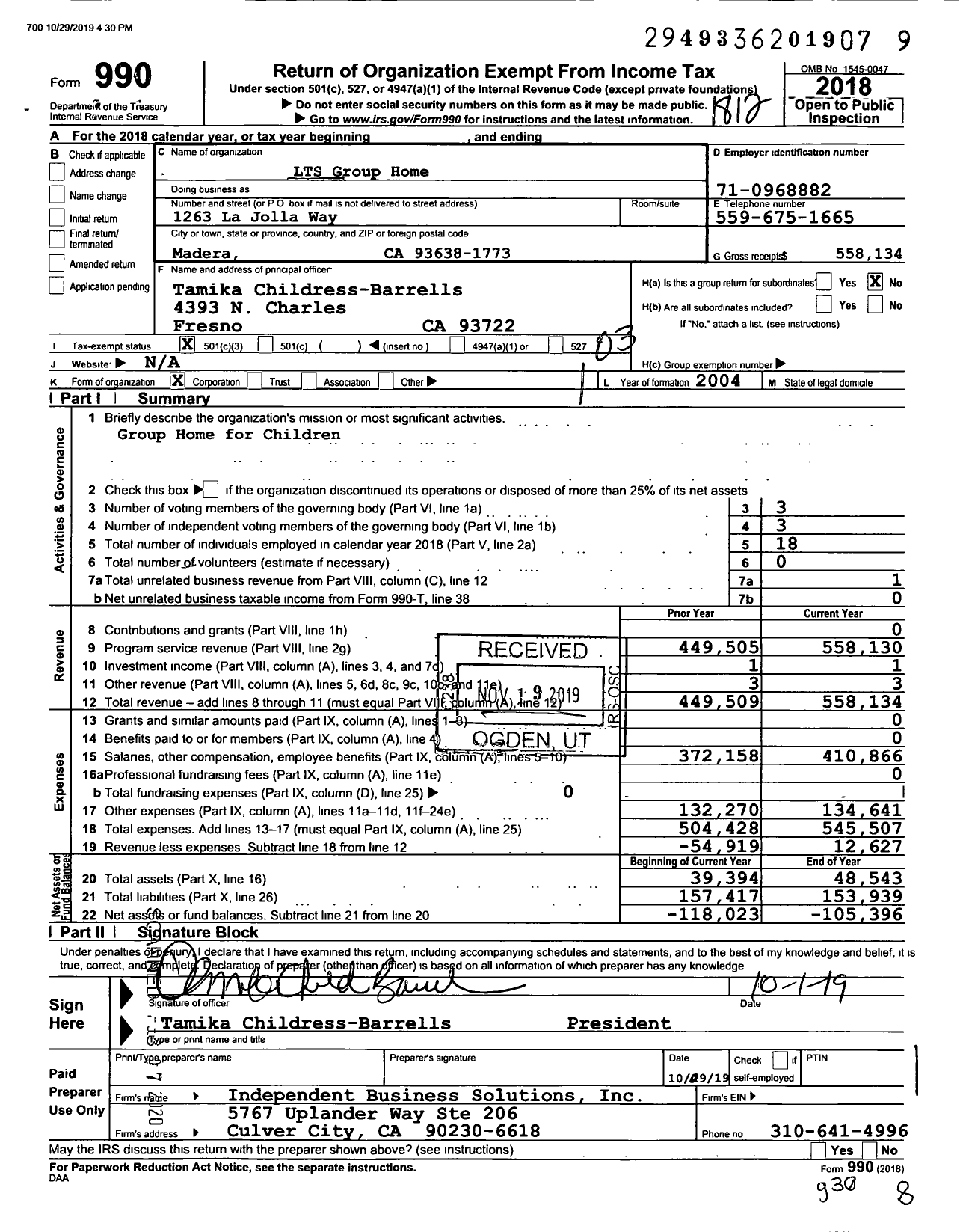 Image of first page of 2018 Form 990 for LTS Group Home