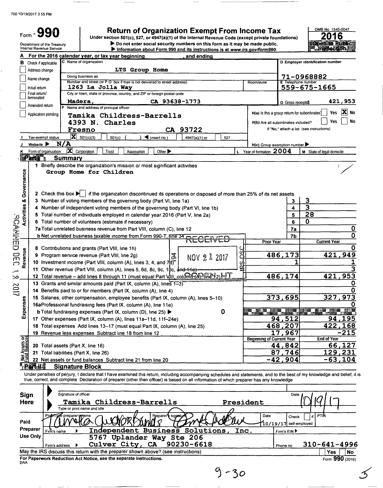 Image of first page of 2016 Form 990 for LTS Group Home