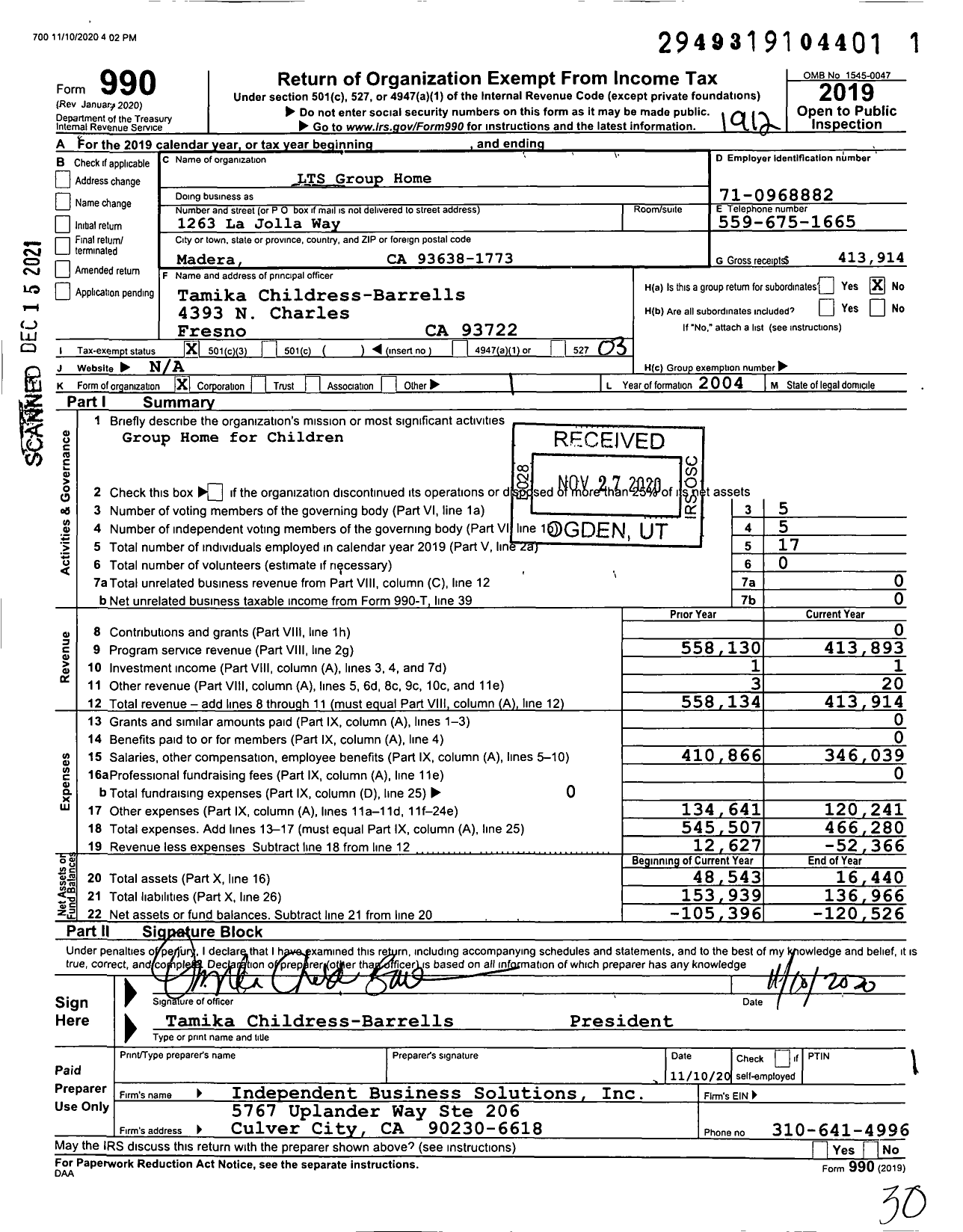 Image of first page of 2019 Form 990 for LTS Group Home