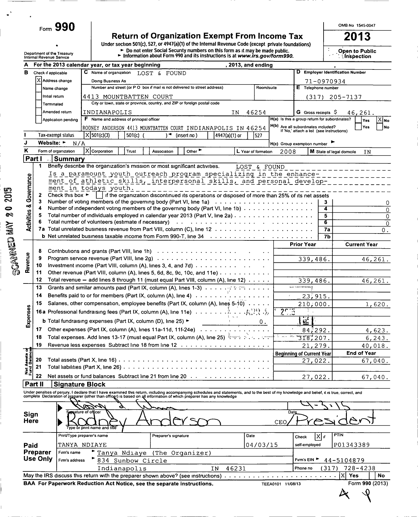 Image of first page of 2013 Form 990 for Lost and Found