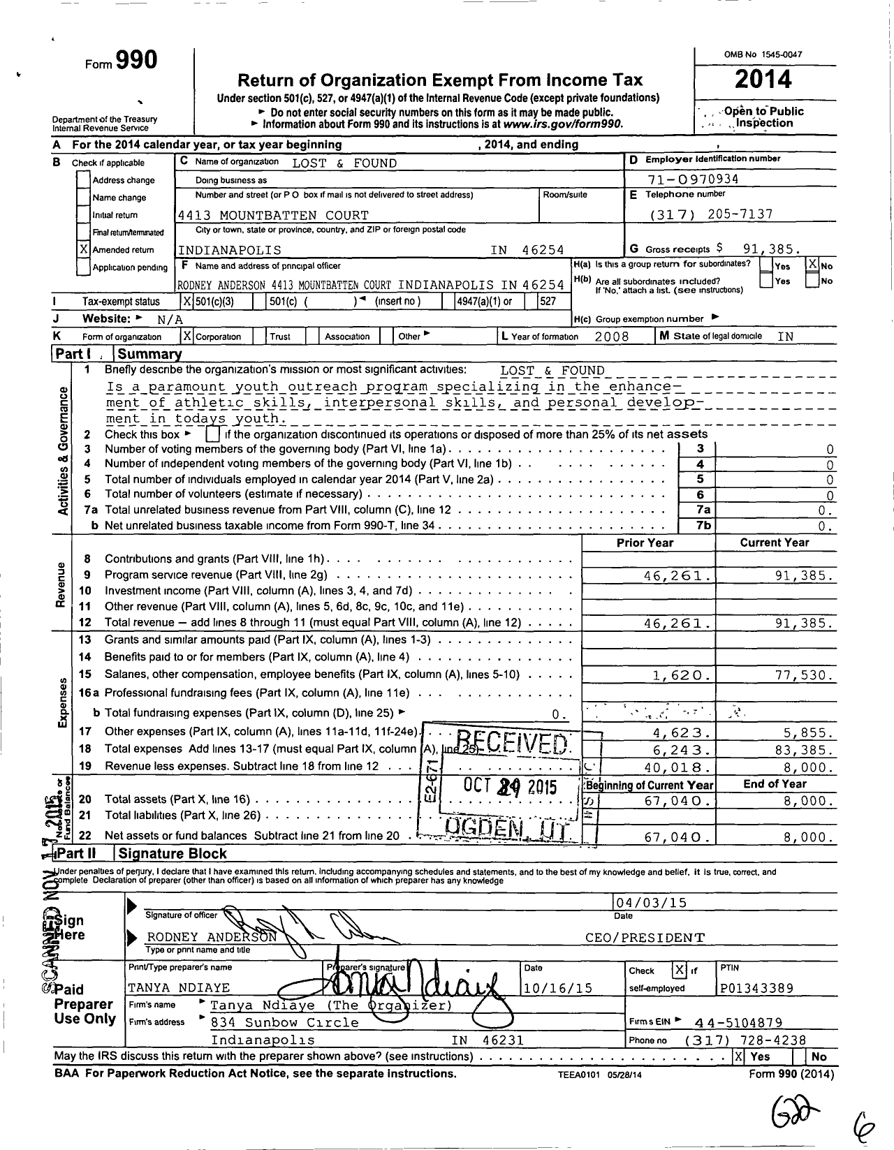 Image of first page of 2014 Form 990 for Lost and Found