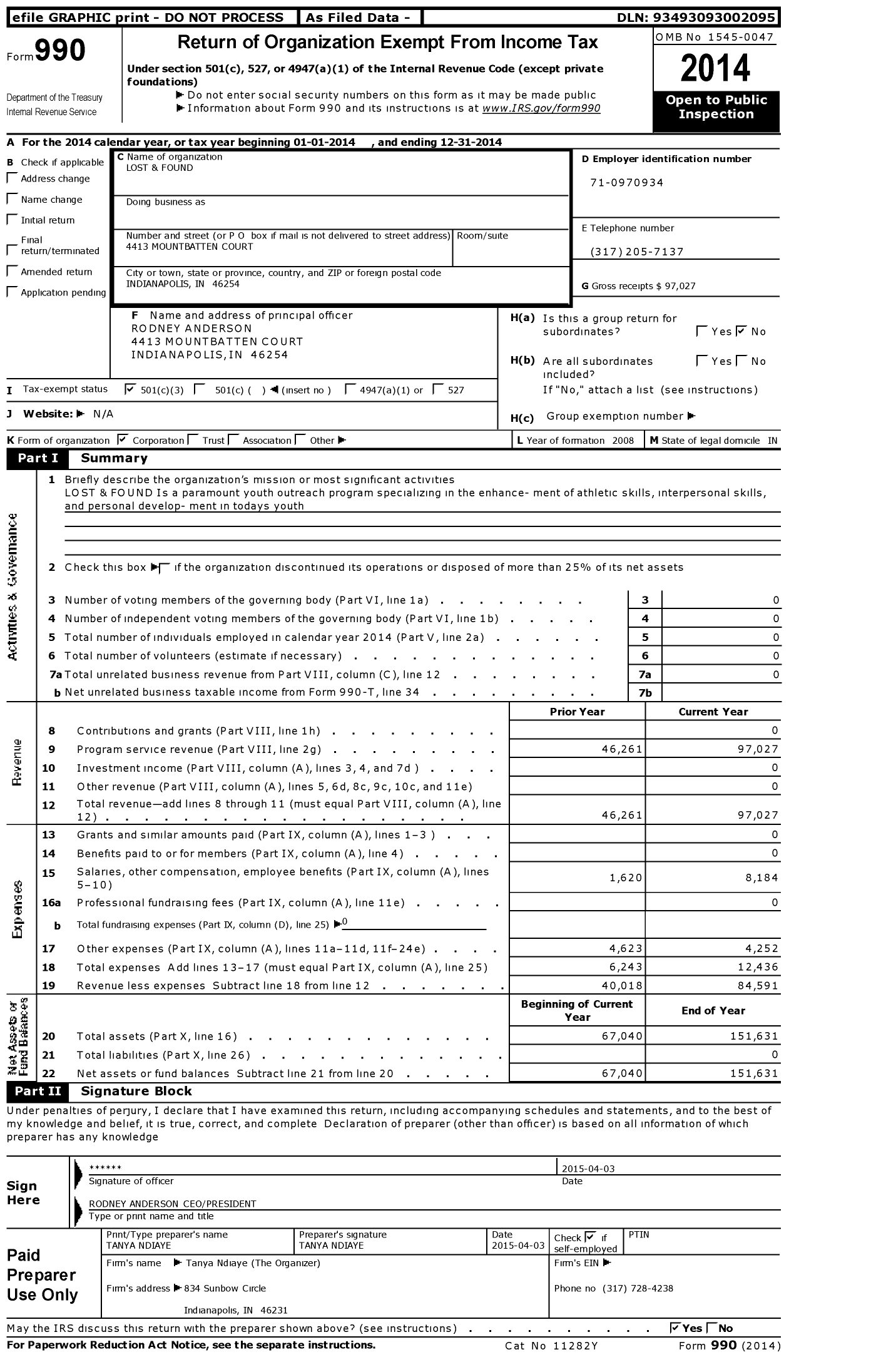 Image of first page of 2014 Form 990 for Lost and Found