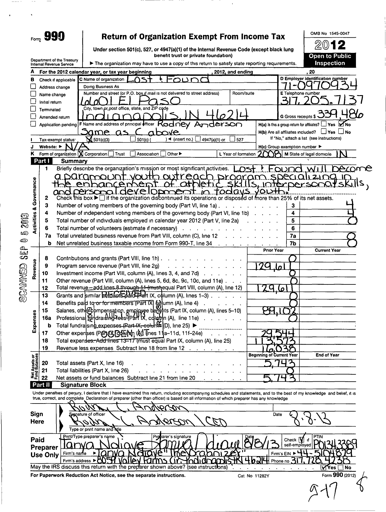 Image of first page of 2012 Form 990 for Lost and Found