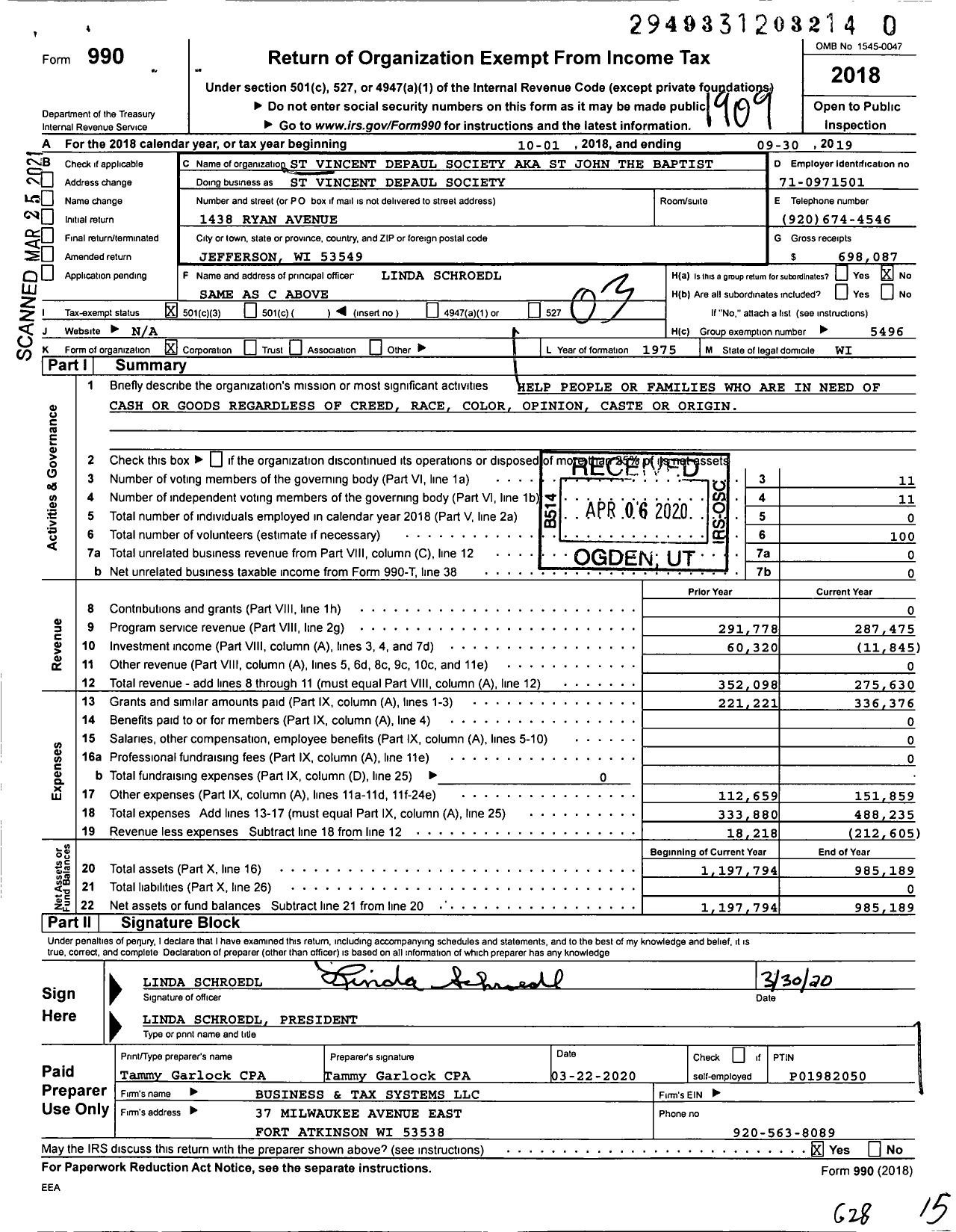 Image of first page of 2018 Form 990 for St Vincent Depaul Society / St John the Baptist