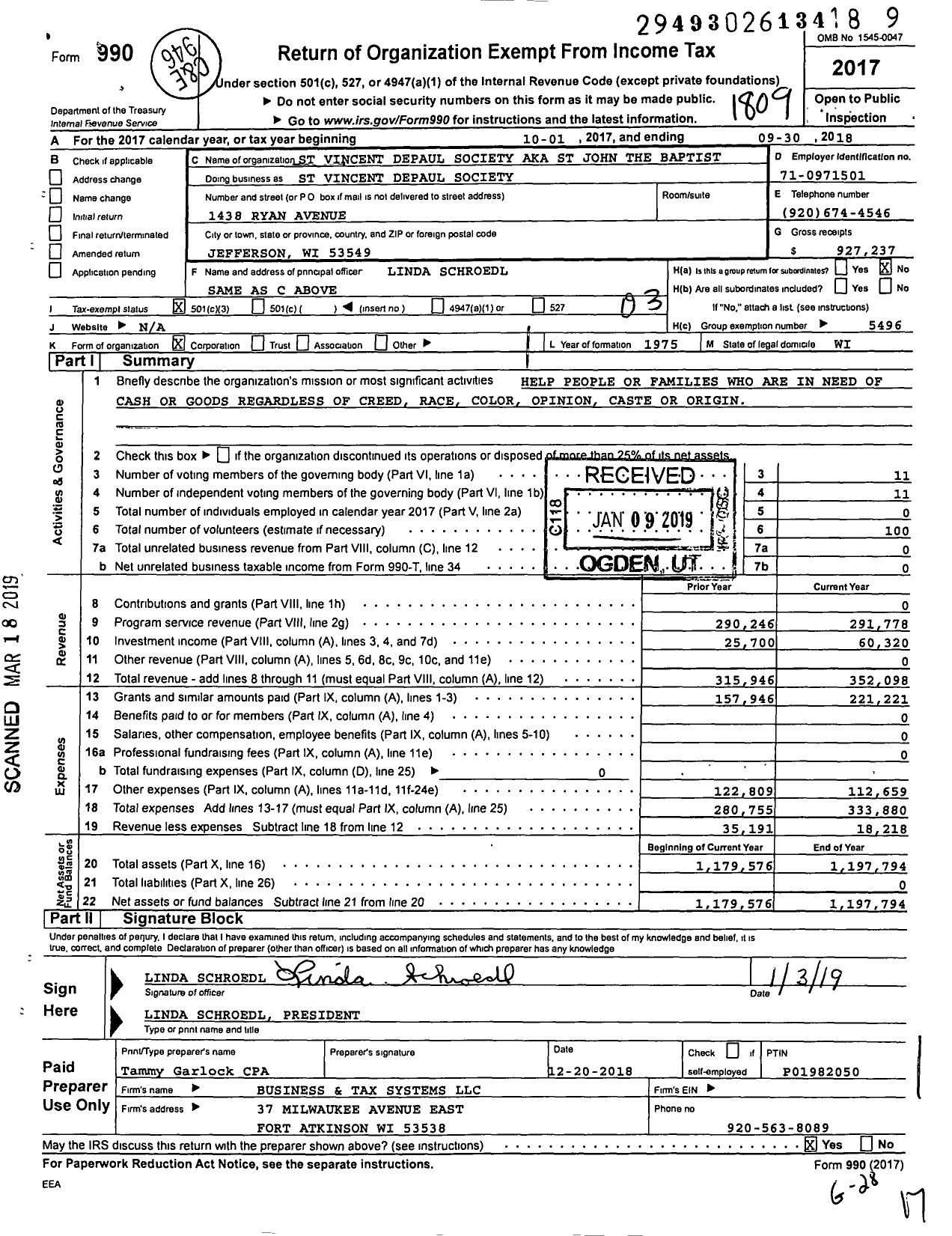 Image of first page of 2017 Form 990 for St Vincent Depaul Society / St John the Baptist