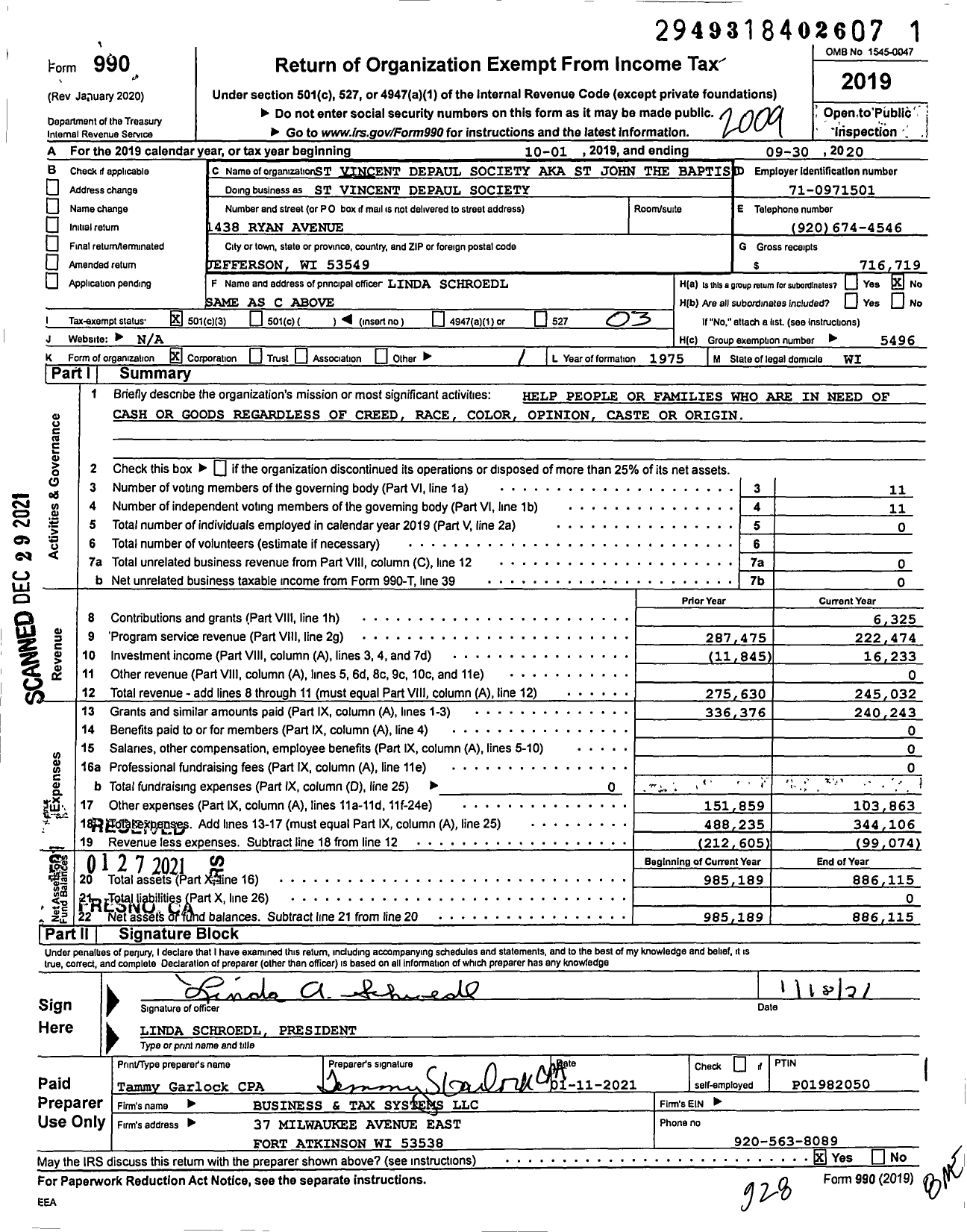 Image of first page of 2019 Form 990 for St Vincent Depaul Society / St John the Baptist