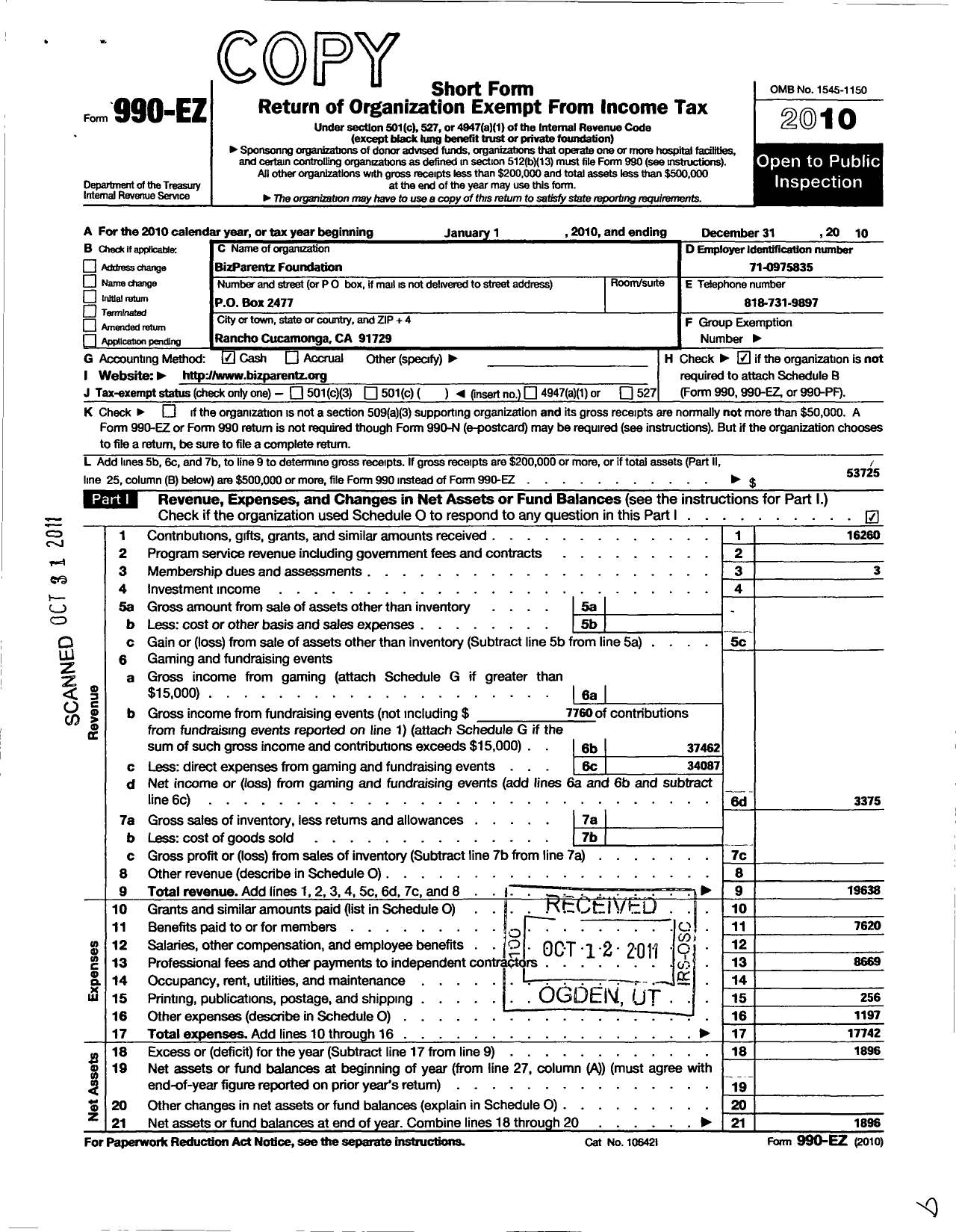 Image of first page of 2010 Form 990EZ for Bizparentz Foundation