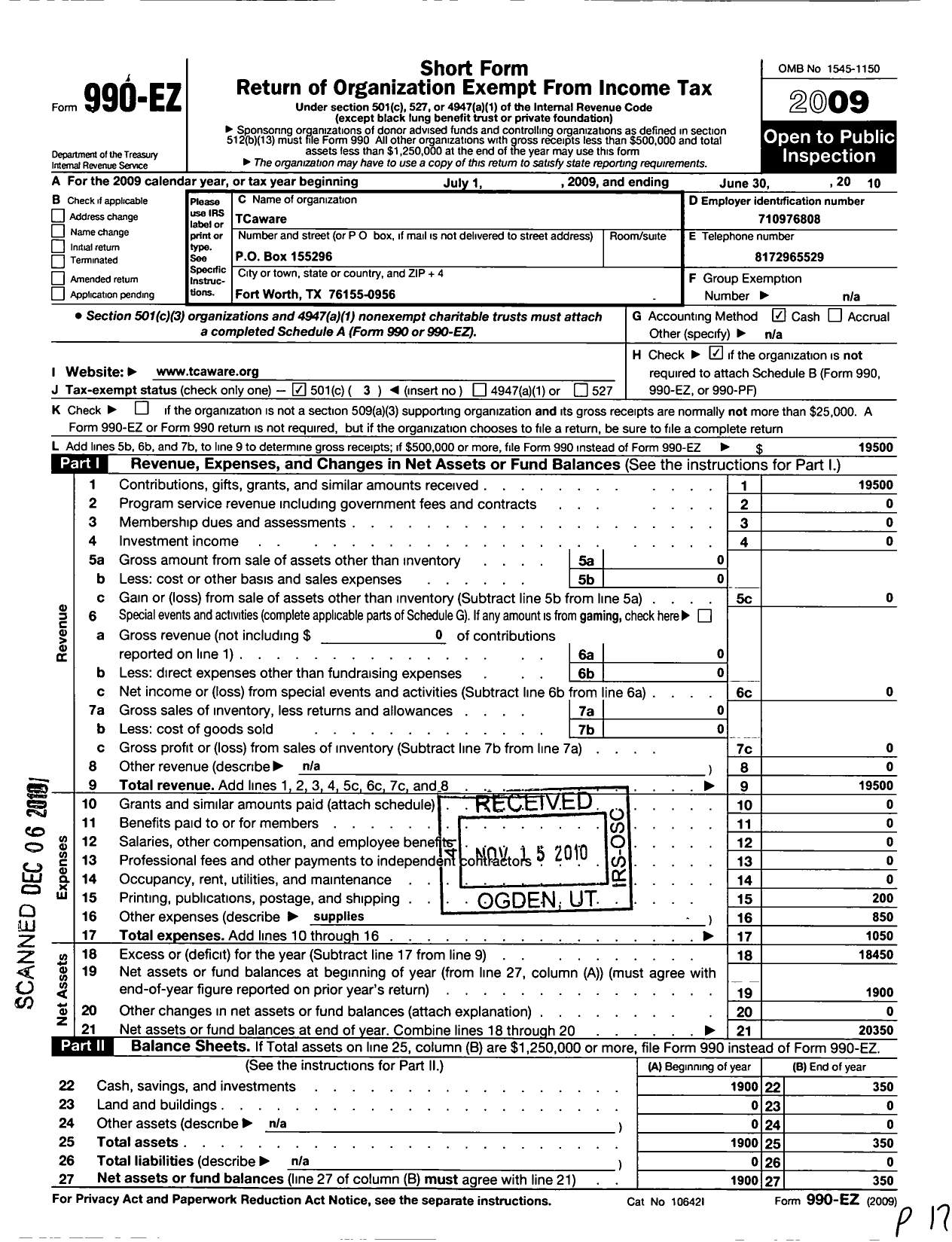 Image of first page of 2009 Form 990EZ for Tcaware