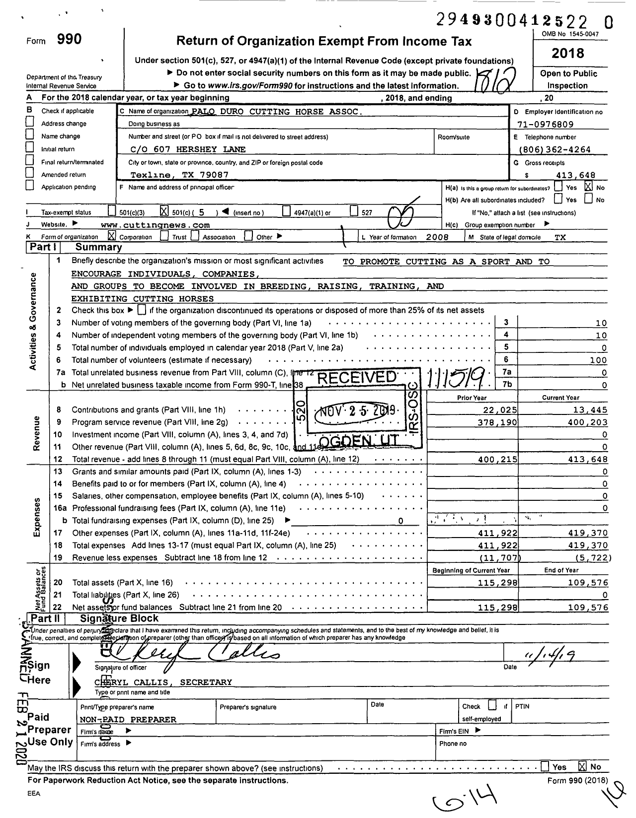 Image of first page of 2018 Form 990O for Palo Duro Cutting Horse Association